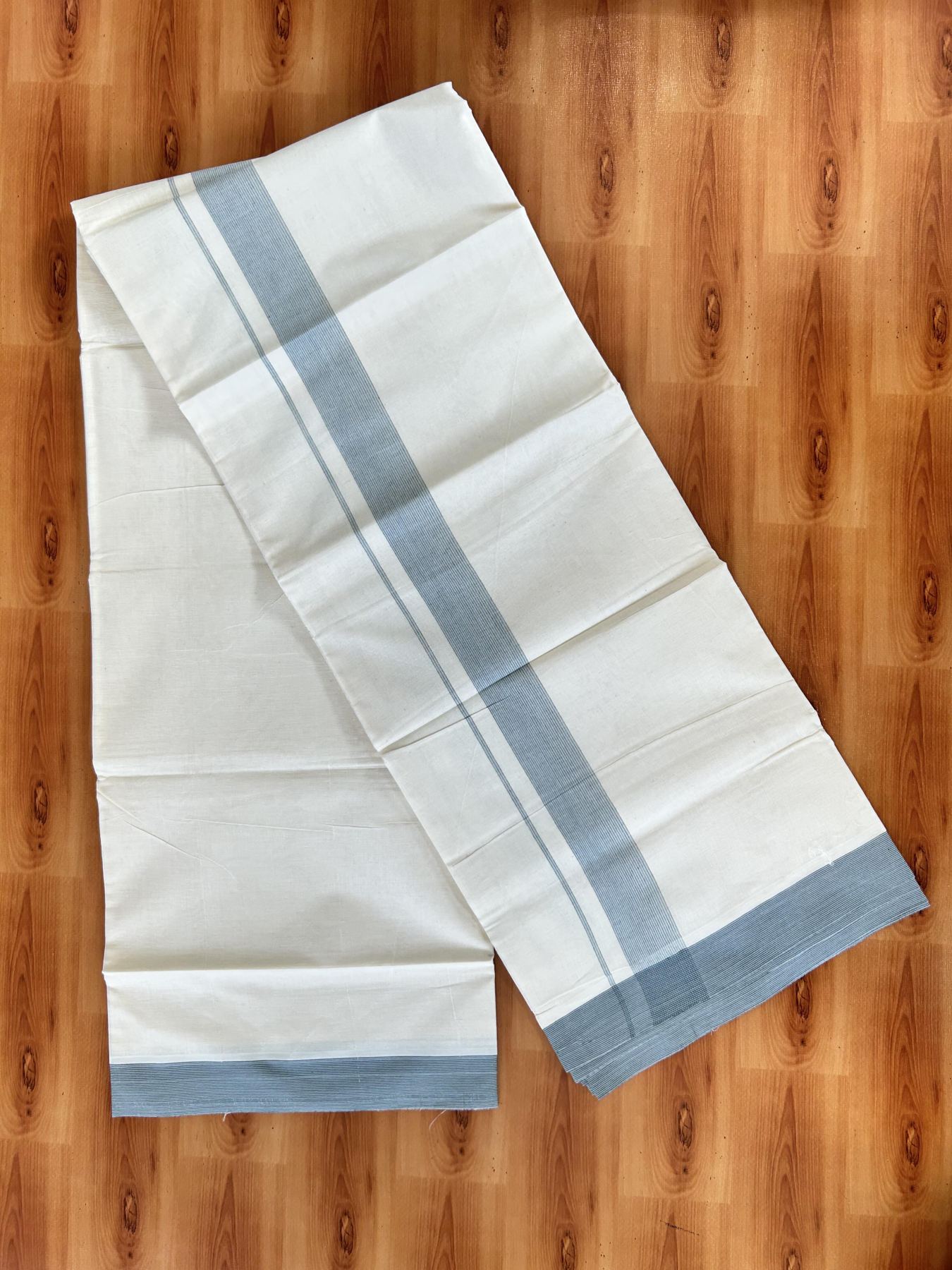 Double Off white - (Unbleached) - Mundu/Dhoti- 20% Discount! KaithariKada 100% Cotton - 100x80 - 1.5 inch Powder Blue & Green Stripes Kara 4 mtr (8.5 muzham) - 33 KK5440 VIN