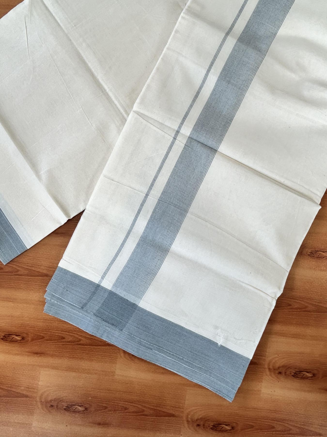 Double Off white - (Unbleached) - Mundu/Dhoti- 20% Discount! KaithariKada 100% Cotton - 100x80 - 1.5 inch Powder Blue & Green Stripes Kara 4 mtr (8.5 muzham) - 33 KK5440 VIN