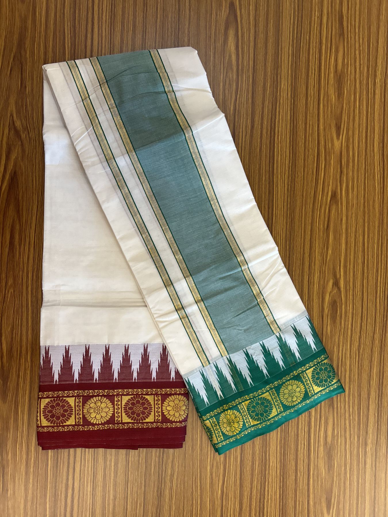 Panchakacham Dhoti - 20% Discount! Kaitharikada Balaramapuram Cotton Mix - Off White - (Unbleached) 80X90 thread - North Iindian - Attached Gamcha - 9x5 Dhoti - 3 inch Gold Kasav Green & Maroon Design kara - 13 KK8305 PMC