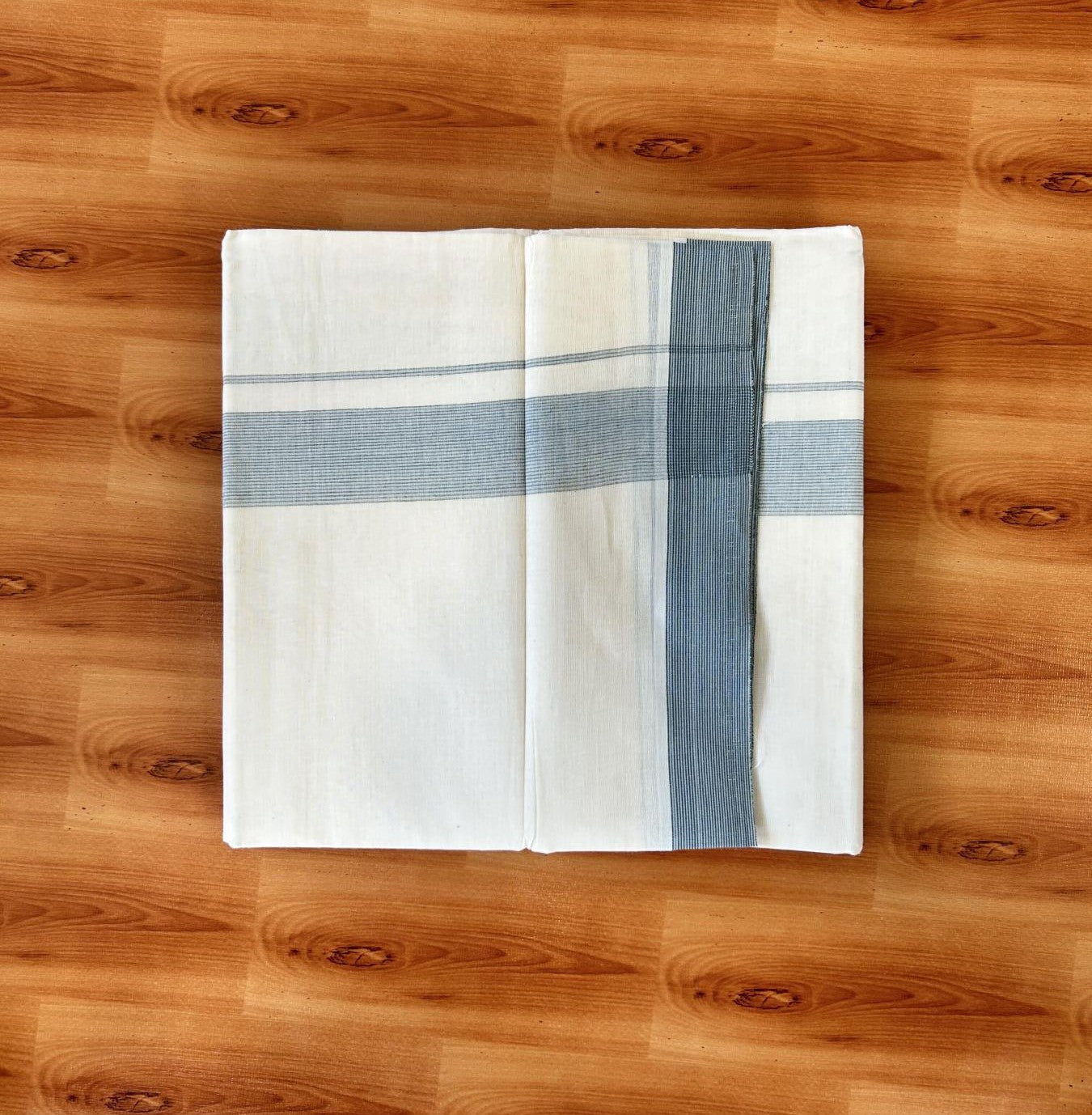 Double Off white - (Unbleached) - Mundu/Dhoti- 20% Discount! KaithariKada 100% Cotton - 100x80 - 1.5 inch Powder Blue & Green Stripes Kara 4 mtr (8.5 muzham) - 33 KK5440 VIN