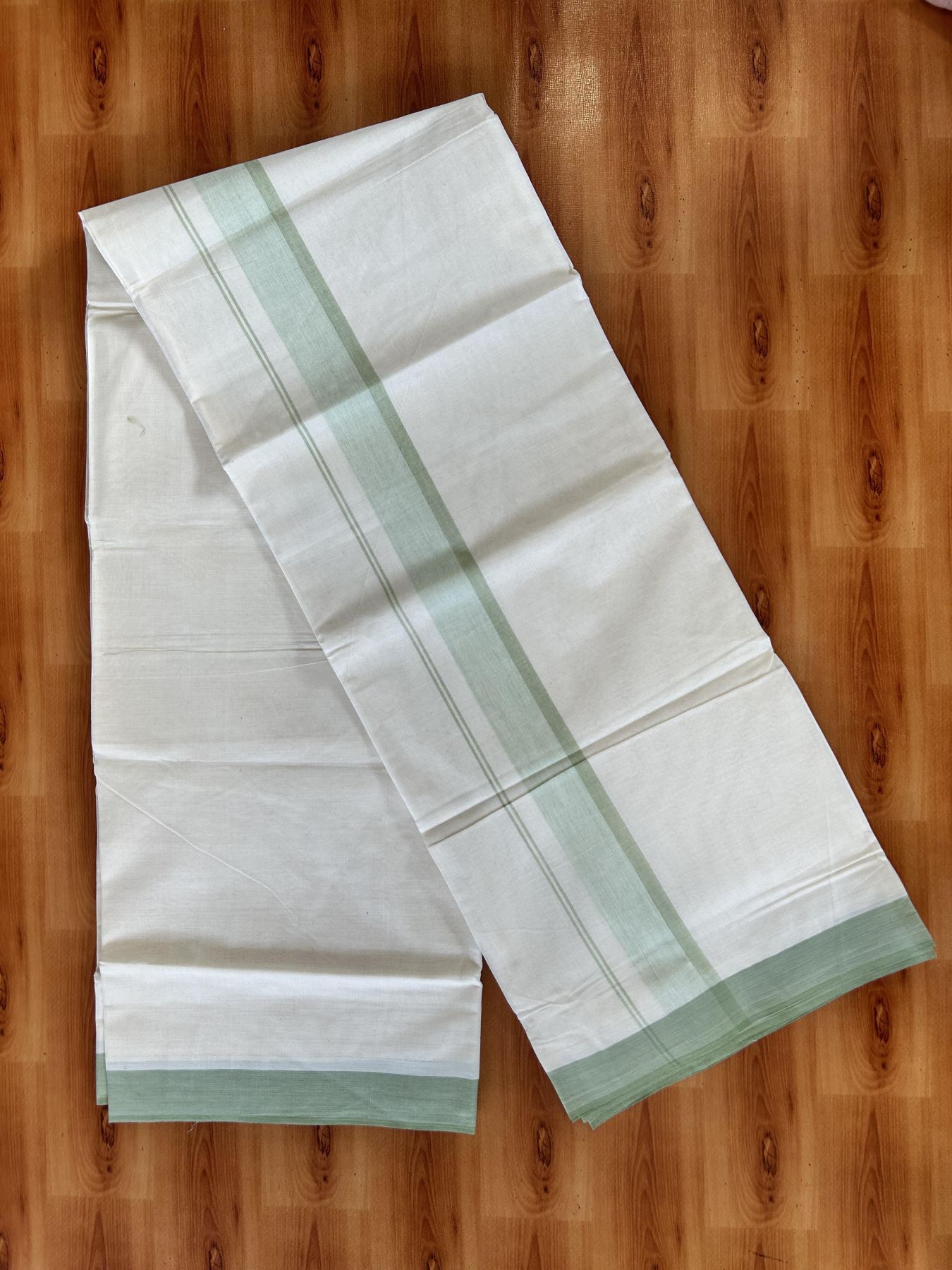 Double Off white - (Unbleached) - Mundu/Dhoti- 20% Discount! KaithariKada 100% Cotton - 100x80 - 1.75 inch Pista green Shades Stripes Kara 4 mtr (8.5 muzham) - 16 KK5440 VIN