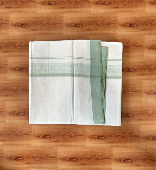 Double Off white - (Unbleached) - Mundu/Dhoti- 20% Discount! KaithariKada 100% Cotton - 100x80 - 1.75 inch Pista green Shades Stripes Kara 4 mtr (8.5 muzham) - 16 KK5440 VIN