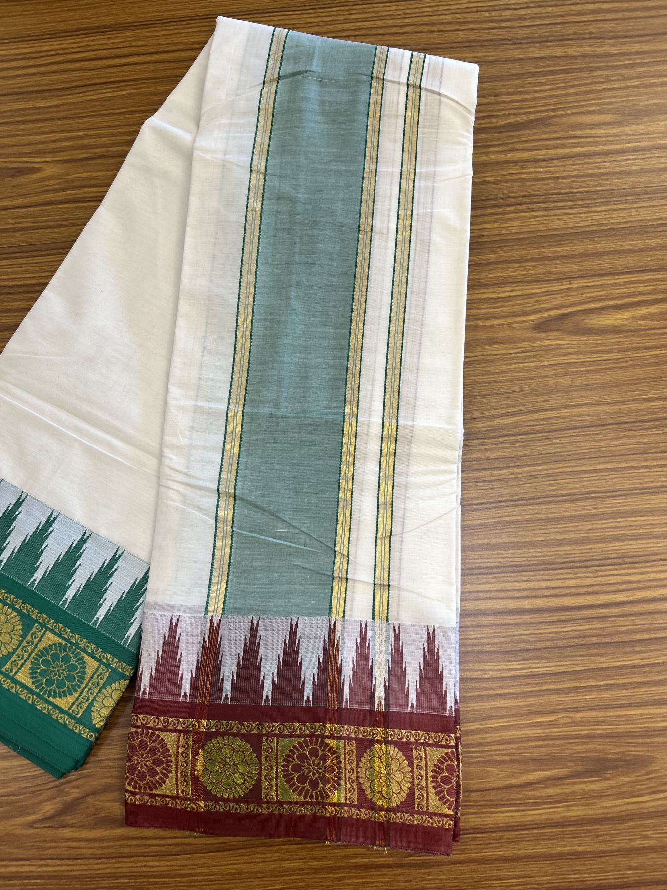 Panchakacham Dhoti - 20% Discount! Kaitharikada Balaramapuram Cotton Mix - Off White - (Unbleached) 80X90 thread - North Iindian - Attached Gamcha - 9x5 Dhoti - 3 inch Gold Kasav Green & Maroon Design kara - 13 KK8305 PMC
