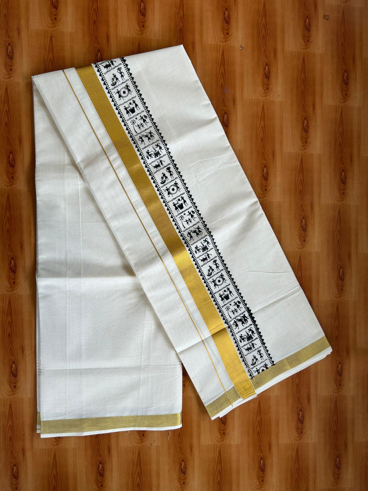 Double Off White (Unbleached) Mundu/Dhoti - 20% Discount! KaithariKada Pulimood 100% Cotton 80x72 - 3 inch Gold Kasav & Black Tribal Printed Design Kara - 4 mtr (8.5 muzham) - 74 KK5553 STH
