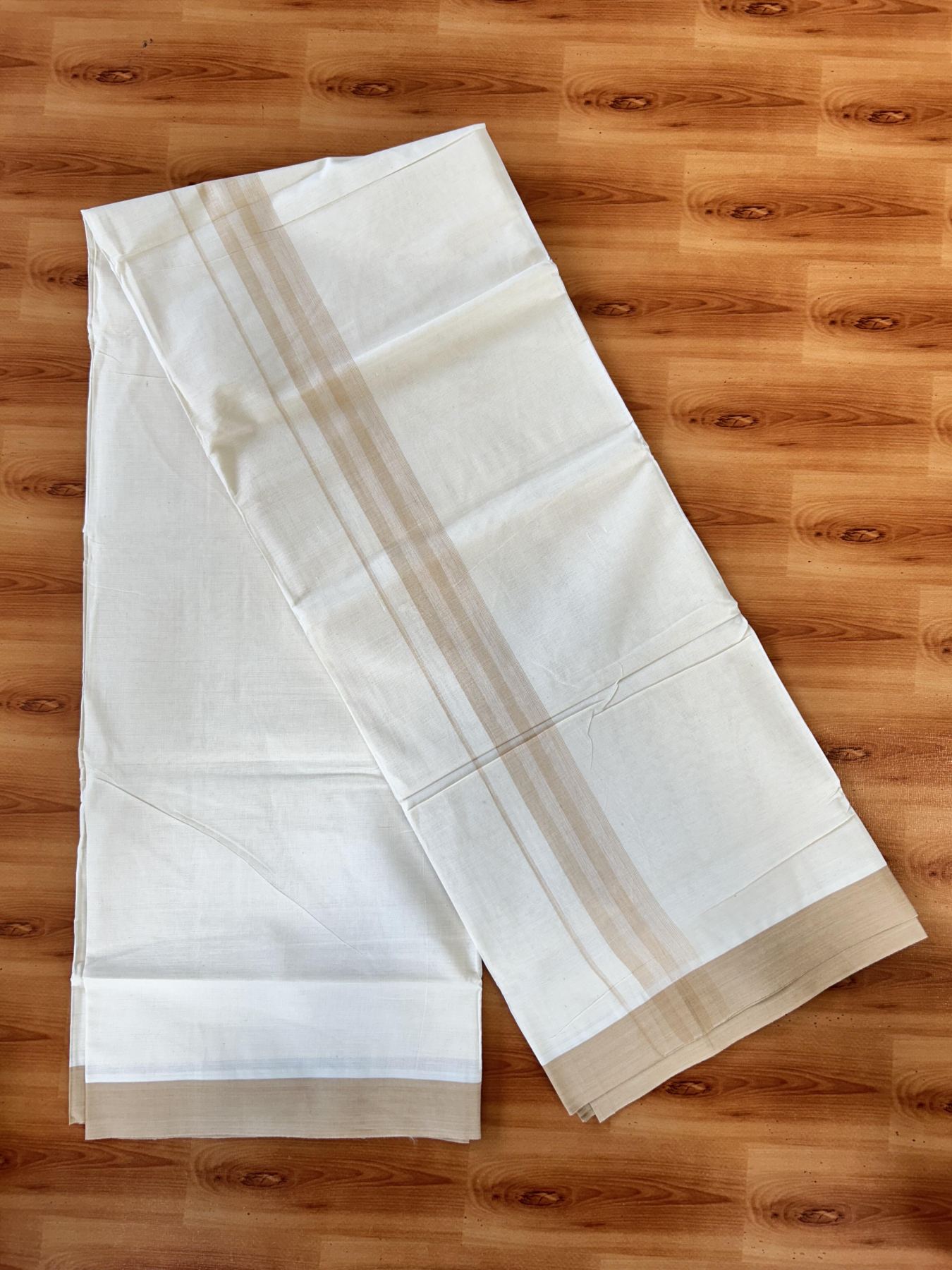 Double Off white - (Unbleached) - Mundu/Dhoti- 20% Discount! KaithariKada 100% Cotton - 100x80 - 1.75 inch Beige Shades Stripes Kara 4 mtr (8.5 muzham) - 14 KK5440 VIN