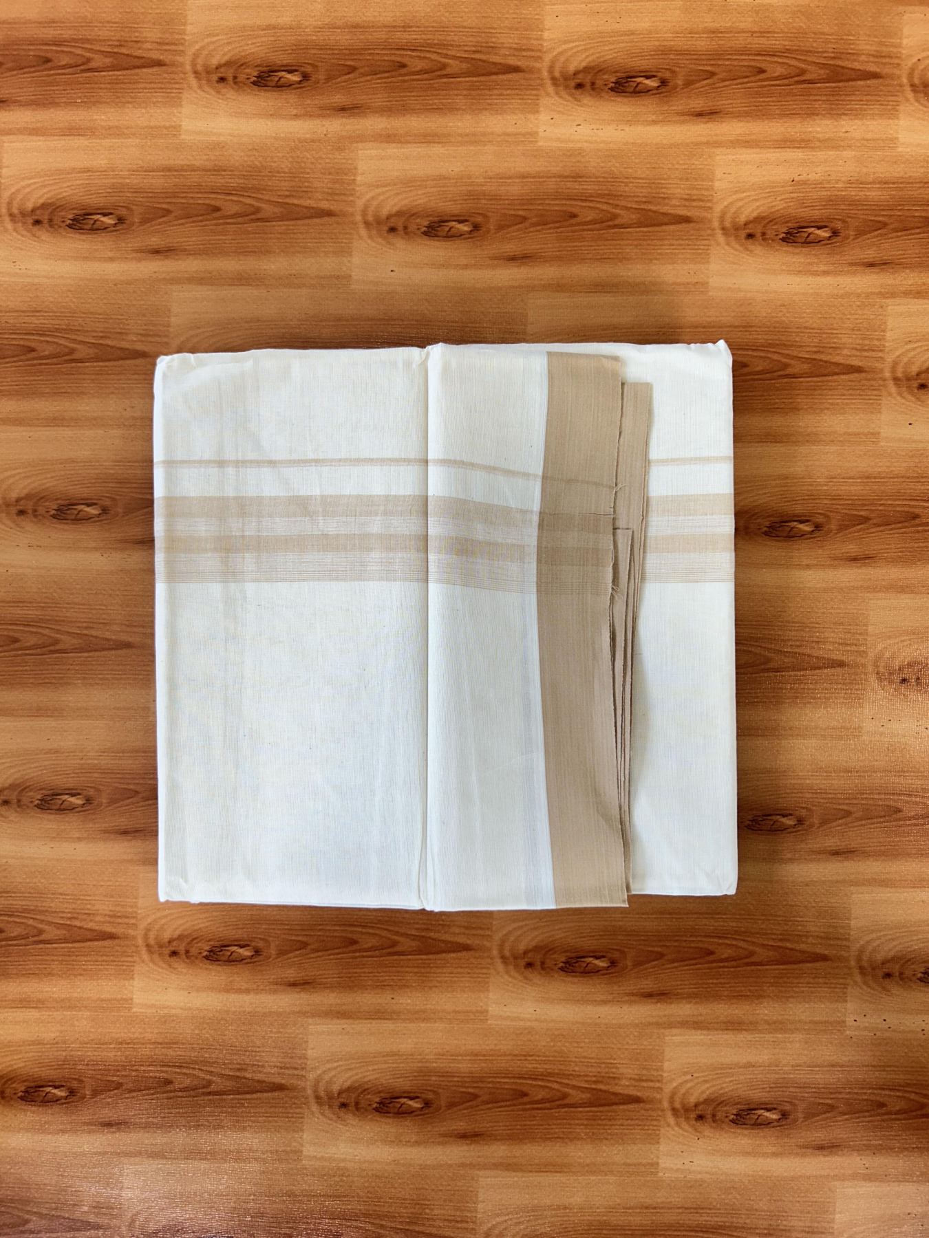 Double Off white - (Unbleached) - Mundu/Dhoti- 20% Discount! KaithariKada 100% Cotton - 100x80 - 1.75 inch Beige Shades Stripes Kara 4 mtr (8.5 muzham) - 14 KK5440 VIN