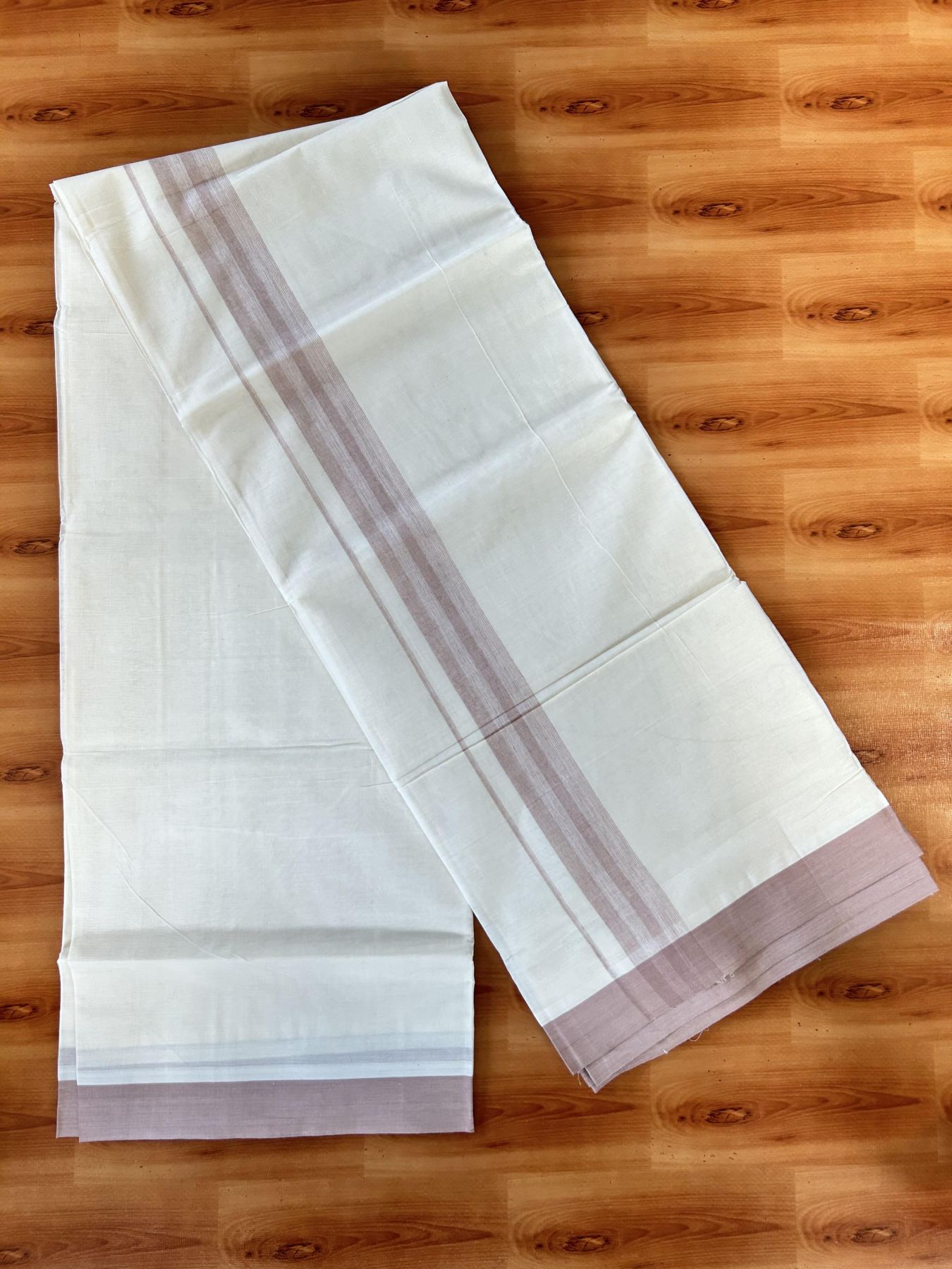 Double Off white - (Unbleached) - Mundu/Dhoti- 20% Discount! KaithariKada 100% Cotton - 100x80 - 1.75 inch Dusty Brown Shades Stripes Kara 4 mtr (8.5 muzham) - 15 KK5440 VIN