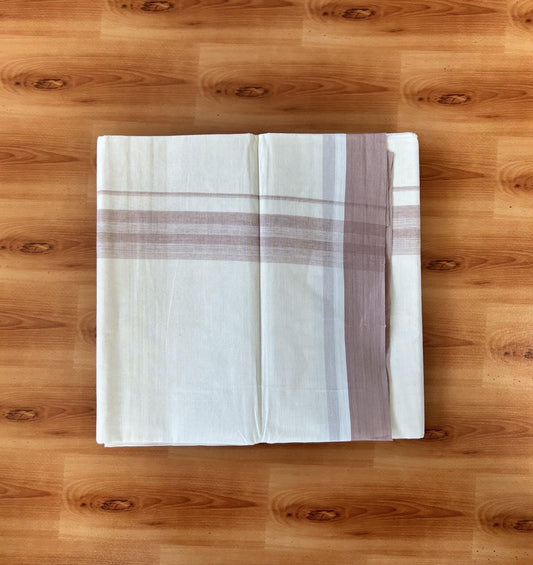 Double Off white - (Unbleached) - Mundu/Dhoti- 20% Discount! KaithariKada 100% Cotton - 100x80 - 1.75 inch Dusty Brown Shades Stripes Kara 4 mtr (8.5 muzham) - 15 KK5440 VIN