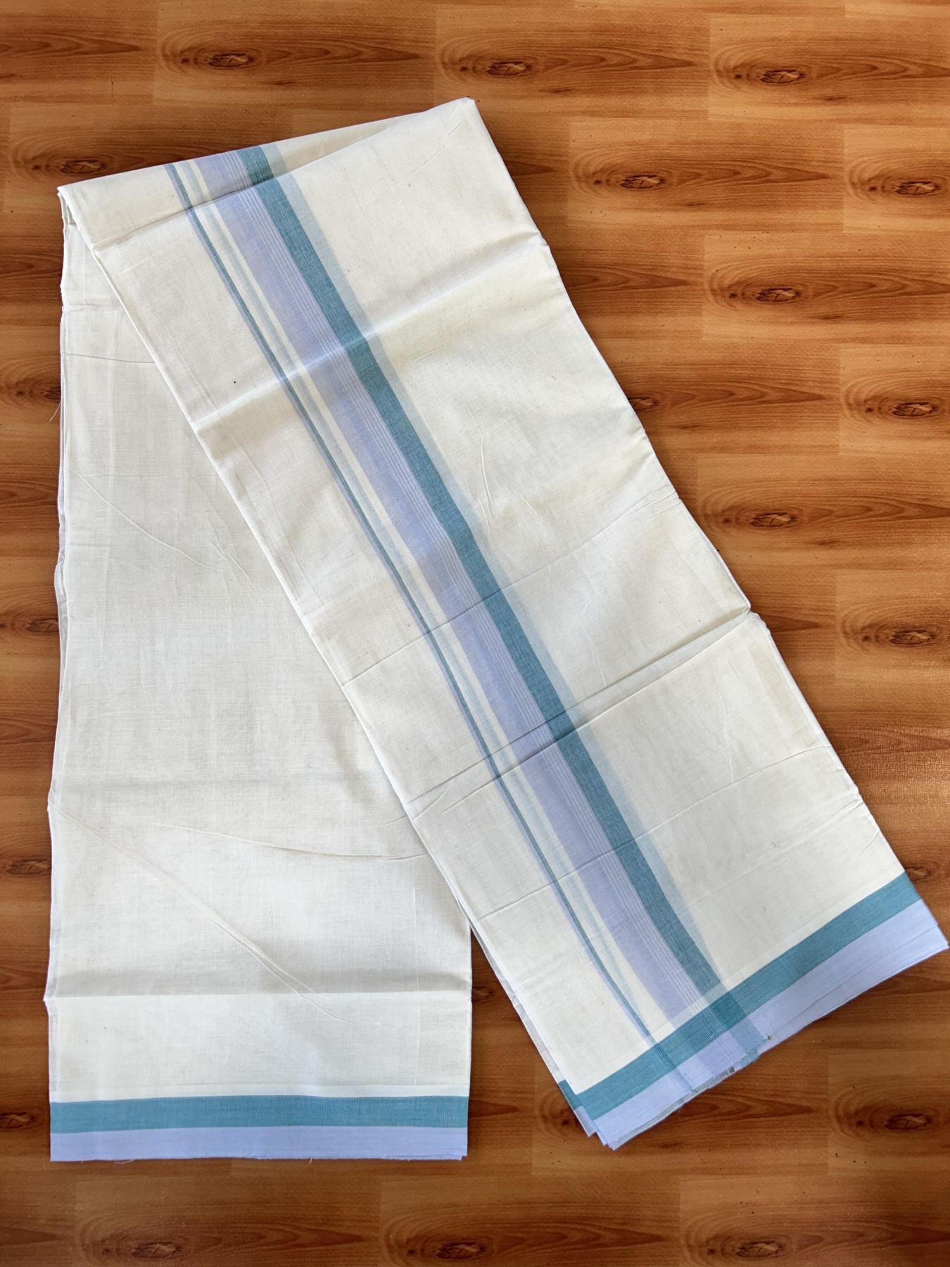 Double Off white - (Unbleached) - Mundu/Dhoti- 20% Discount! KaithariKada 100% Cotton - 100x80 - 1.75 inch Lavander & Green Stripes Kara 4 mtr (8.5 muzham) - 28 KK5440 VIN
