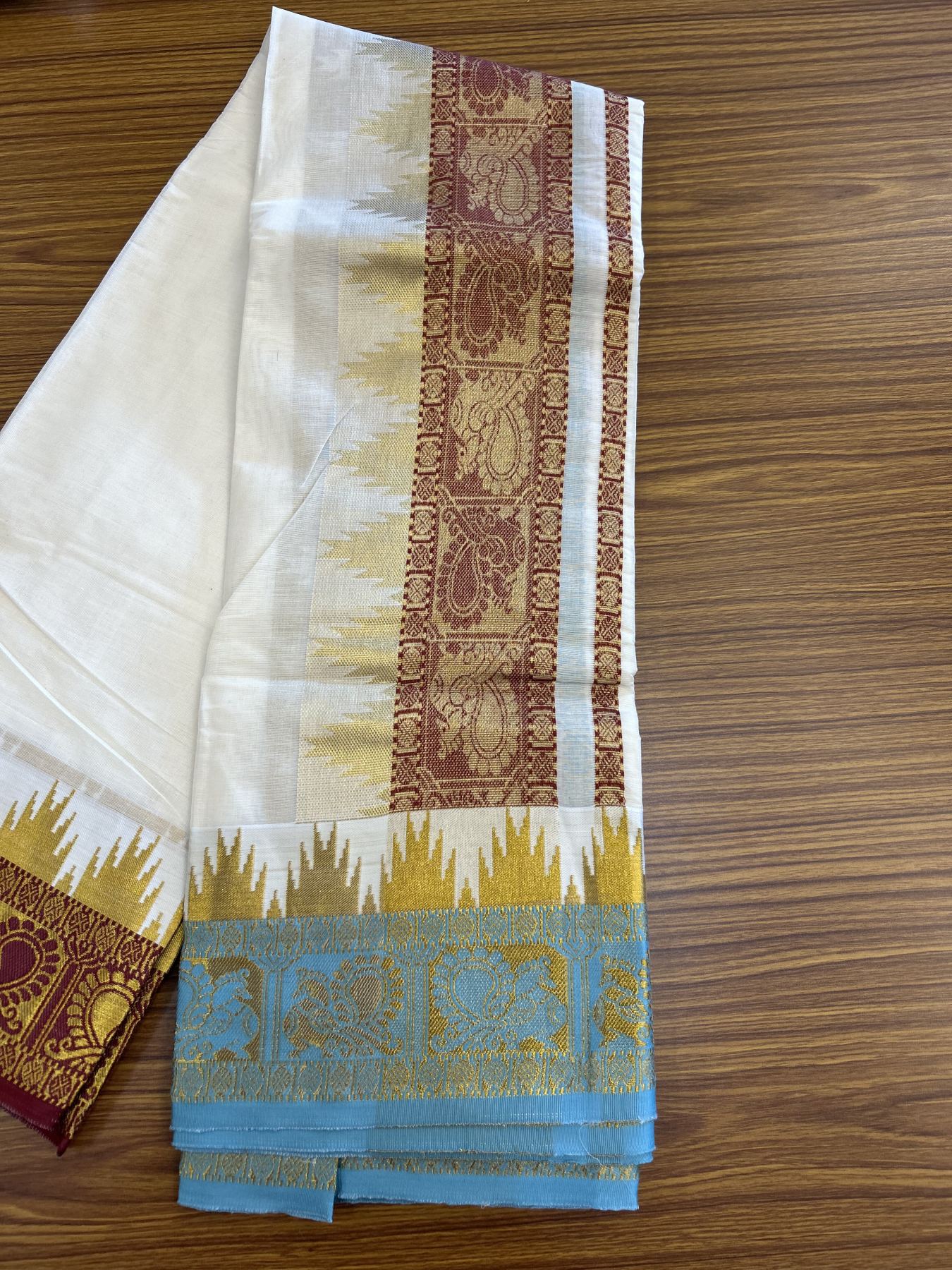 Panchakacham Dhoti - 20% Discount! Kaitharikada Balaramapuram Cotton Mix - Off White - (Unbleached) 80X90 thread - North Iindian - Attached Gamcha - 9x5 Dhoti - 5.25 inch Gold Kasav Light Blue & Maroon Heavy Design kara - 14 KK8305 PMC