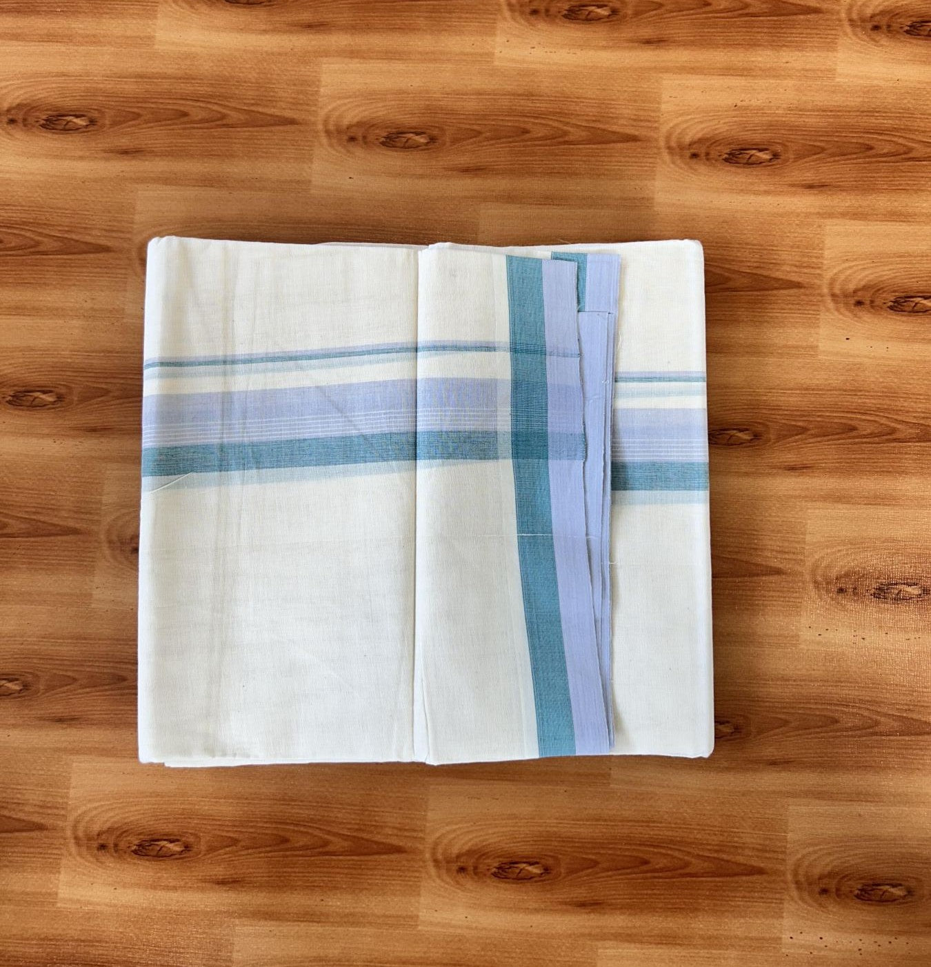 Double Off white - (Unbleached) - Mundu/Dhoti- 20% Discount! KaithariKada 100% Cotton - 100x80 - 1.75 inch Lavander & Green Stripes Kara 4 mtr (8.5 muzham) - 28 KK5440 VIN