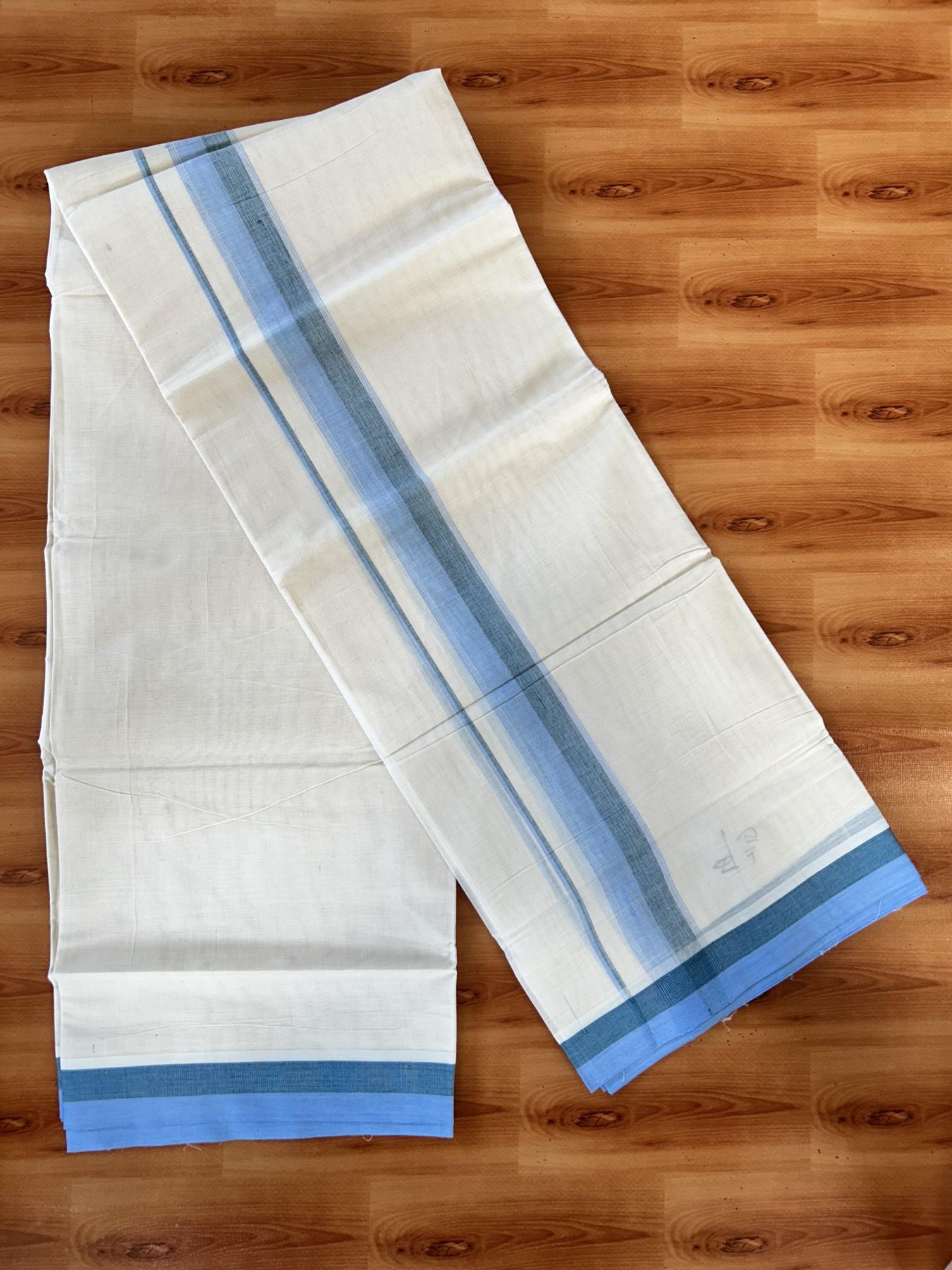 Double Off white - (Unbleached) - Mundu/Dhoti- 20% Discount! KaithariKada 100% Cotton - 100x80 - 1.75 inch Light Blue & Green Stripes Kara 4 mtr (8.5 muzham) - 29 KK5440 VIN