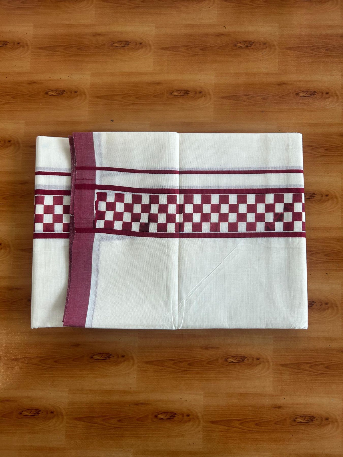 Double Off White (Unbleached) Mundu/Dhoti - 20% Discount! KaithariKada Pulimood 100% Cotton 80x72 - 2.5 inch Maroon Check Printed Designer Kara - 4 mtr (8.5 muzham) - 27 KK5553 STH