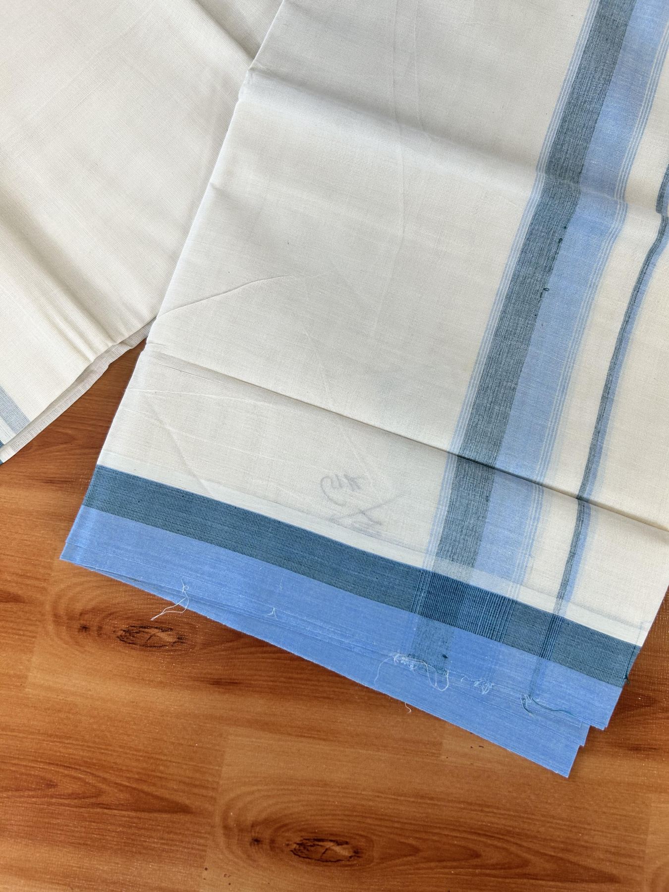 Double Off white - (Unbleached) - Mundu/Dhoti- 20% Discount! KaithariKada 100% Cotton - 100x80 - 1.75 inch Light Blue & Green Stripes Kara 4 mtr (8.5 muzham) - 29 KK5440 VIN
