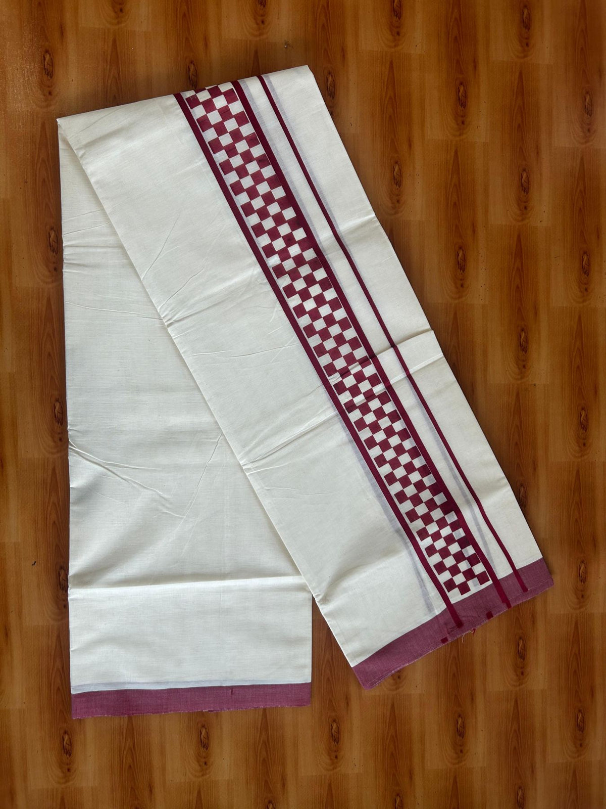 Double Off White (Unbleached) Mundu/Dhoti - 20% Discount! KaithariKada Pulimood 100% Cotton 80x72 - 2.5 inch Maroon Check Printed Designer Kara - 4 mtr (8.5 muzham) - 27 KK5553 STH