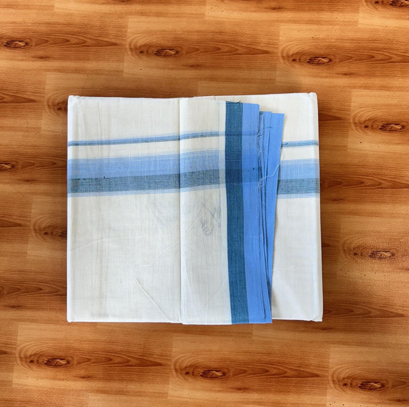 Double Off white - (Unbleached) - Mundu/Dhoti- 20% Discount! KaithariKada 100% Cotton - 100x80 - 1.75 inch Light Blue & Green Stripes Kara 4 mtr (8.5 muzham) - 29 KK5440 VIN