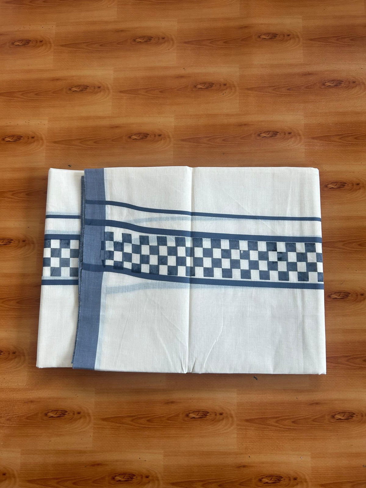 Double Off White (Unbleached) Mundu/Dhoti - 20% Discount! KaithariKada Pulimood 100% Cotton 80x72 - 2.5 inch Ash Blue Check Printed Designer Kara - 4 mtr (8.5 muzham) - 28 KK5553 STH