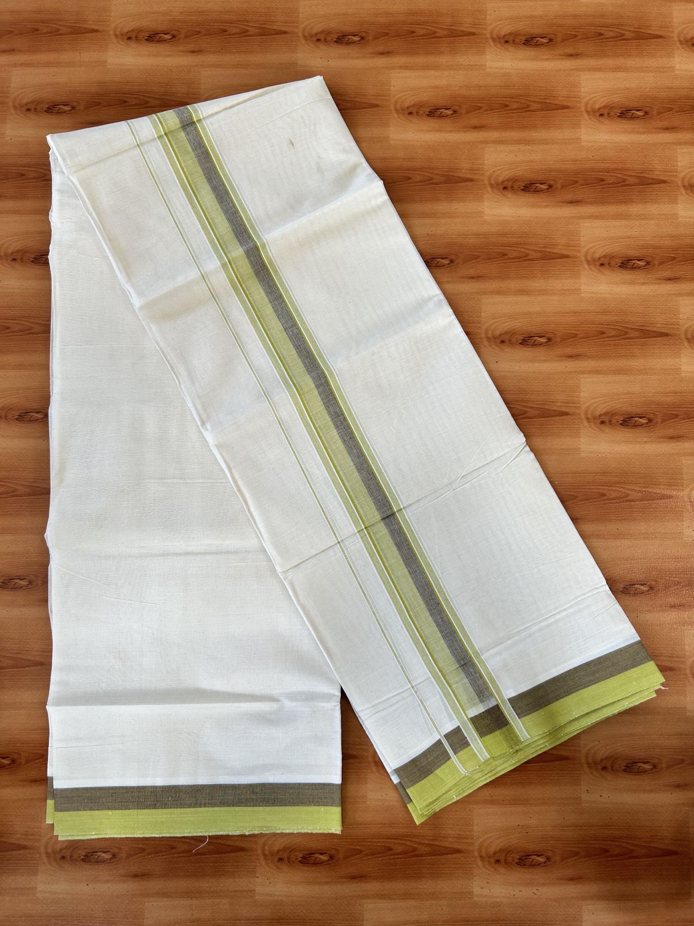 Double Off white - (Unbleached) - Mundu/Dhoti- 20% Discount! KaithariKada 100% Cotton - 100x80 - 1.75 inch Brown & Pear Green Stripes Kara 4 mtr (8.5 muzham) - 30 KK5440 VIN