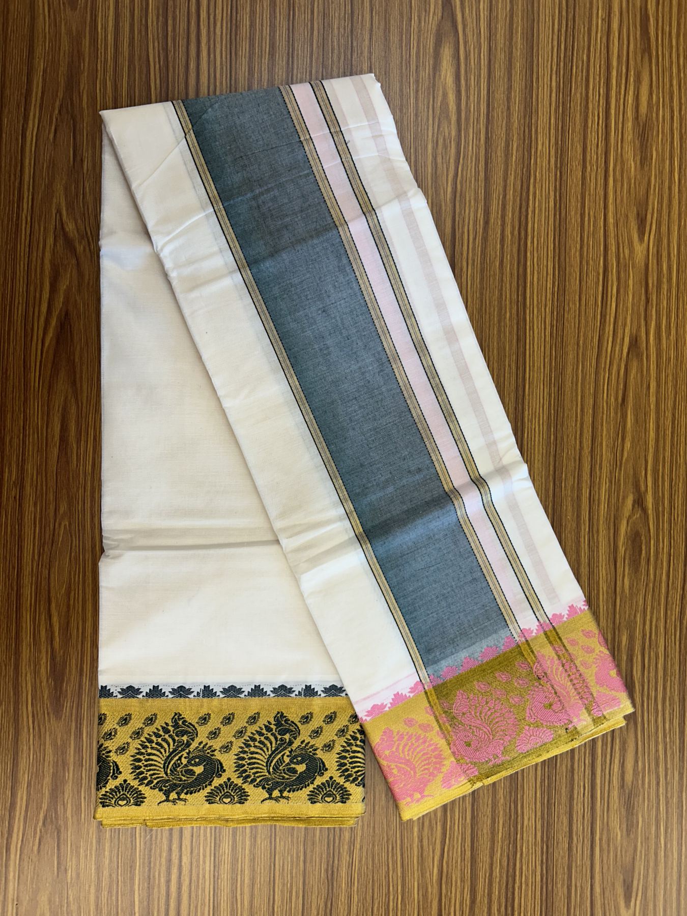 Panchakacham Dhoti - 20% Discount! Kaitharikada Balaramapuram Cotton Mix - Off White - (Unbleached) 80X90 thread - North Iindian - Attached Gamcha - 9x5 Dhoti - 3.75 inch Gold kasav Dark Green & Pink kara - 10 KK8305 PMC