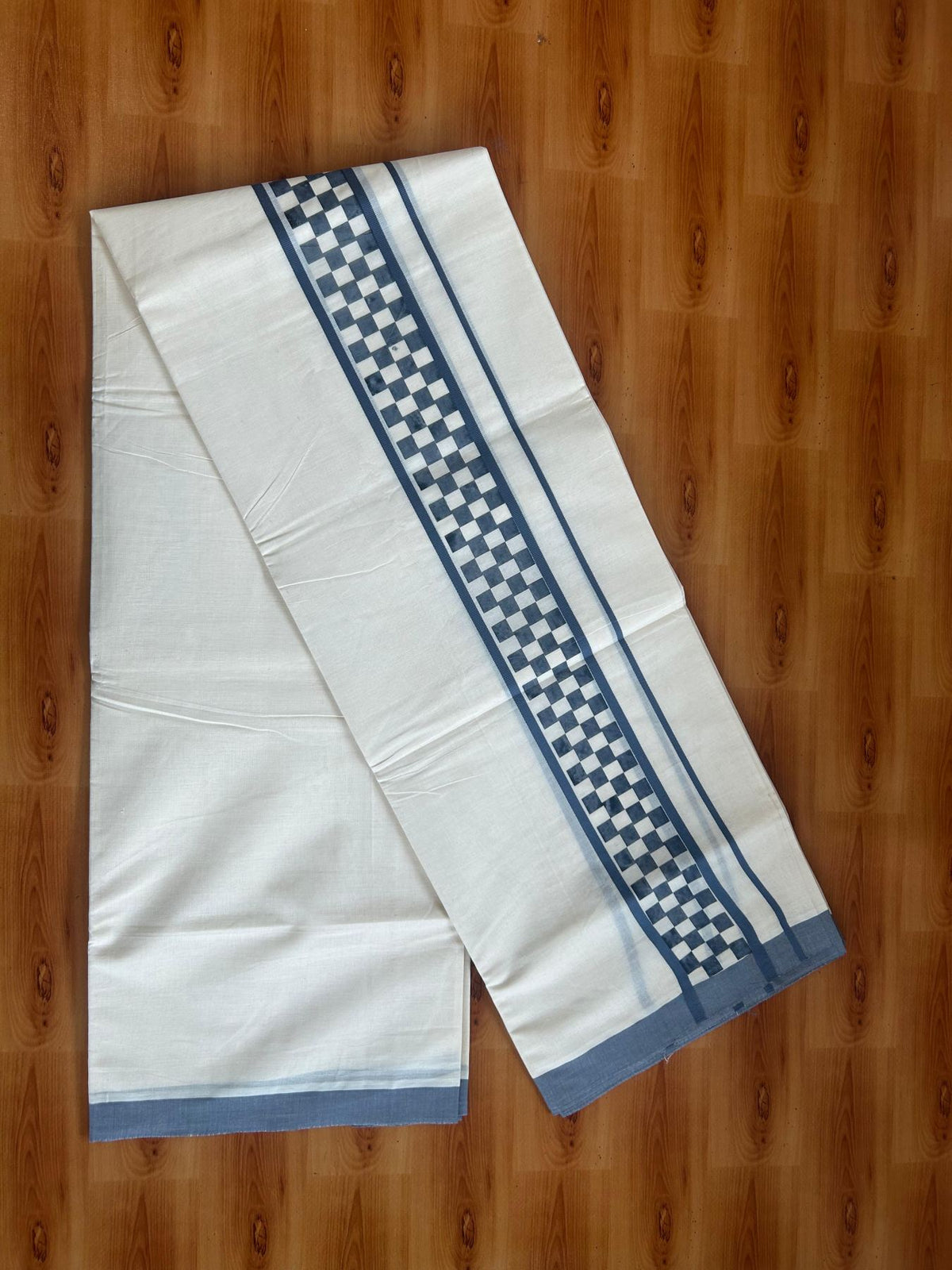 Double Off White (Unbleached) Mundu/Dhoti - 20% Discount! KaithariKada Pulimood 100% Cotton 80x72 - 2.5 inch Ash Blue Check Printed Designer Kara - 4 mtr (8.5 muzham) - 28 KK5553 STH