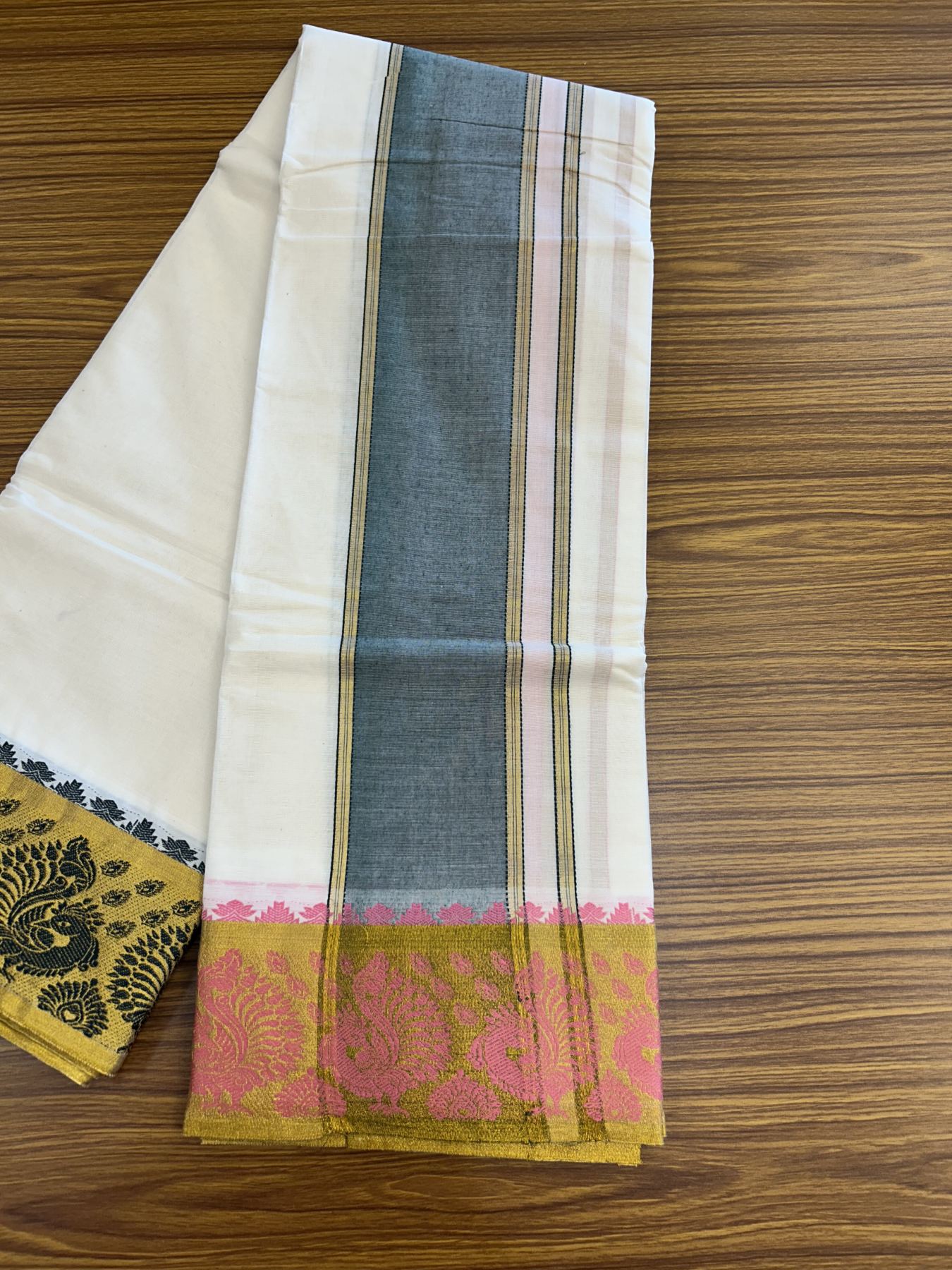 Panchakacham Dhoti - 20% Discount! Kaitharikada Balaramapuram Cotton Mix - Off White - (Unbleached) 80X90 thread - North Iindian - Attached Gamcha - 9x5 Dhoti - 3.75 inch Gold kasav Dark Green & Pink kara - 10 KK8305 PMC