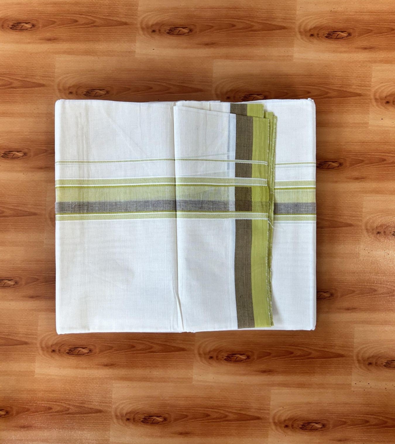 Double Off white - (Unbleached) - Mundu/Dhoti- 20% Discount! KaithariKada 100% Cotton - 100x80 - 1.75 inch Brown & Pear Green Stripes Kara 4 mtr (8.5 muzham) - 30 KK5440 VIN