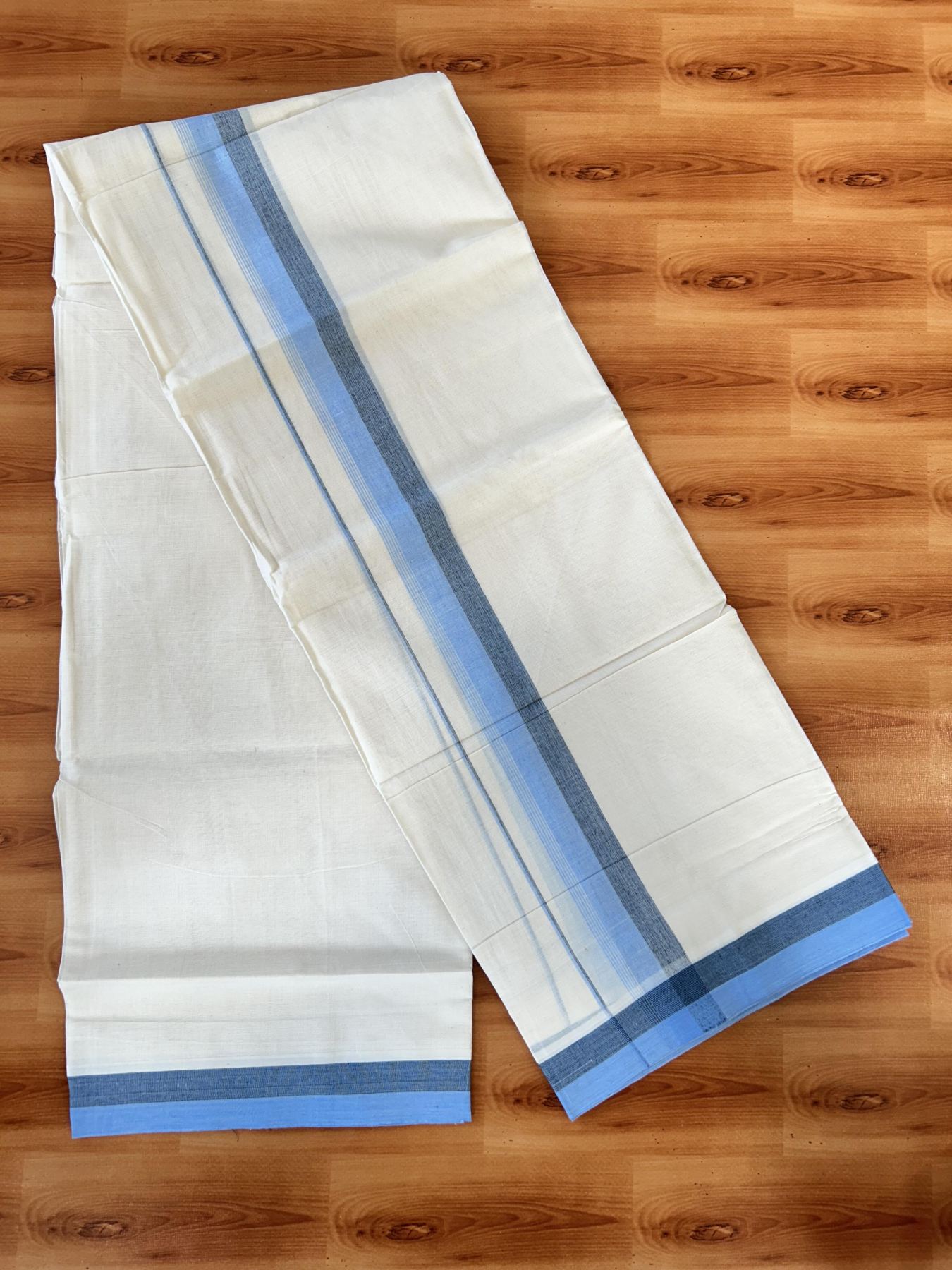 Double Off white - (Unbleached) - Mundu/Dhoti- 20% Discount! KaithariKada 100% Cotton - 100x80 - 1.75 inch Light Blue & Black Stripes Kara 4 mtr (8.5 muzham) - 27 KK5440 VIN
