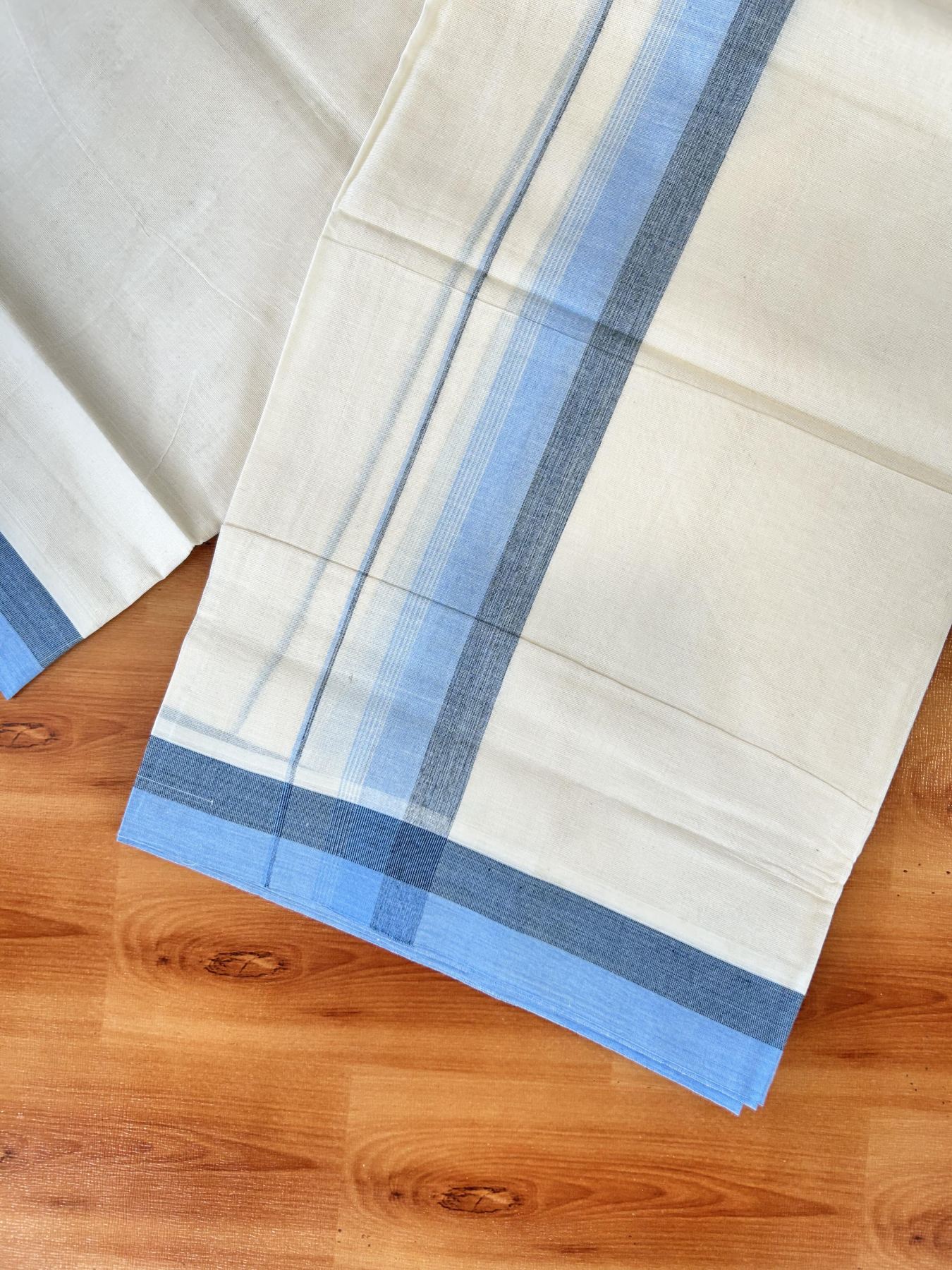 Double Off white - (Unbleached) - Mundu/Dhoti- 20% Discount! KaithariKada 100% Cotton - 100x80 - 1.75 inch Light Blue & Black Stripes Kara 4 mtr (8.5 muzham) - 27 KK5440 VIN