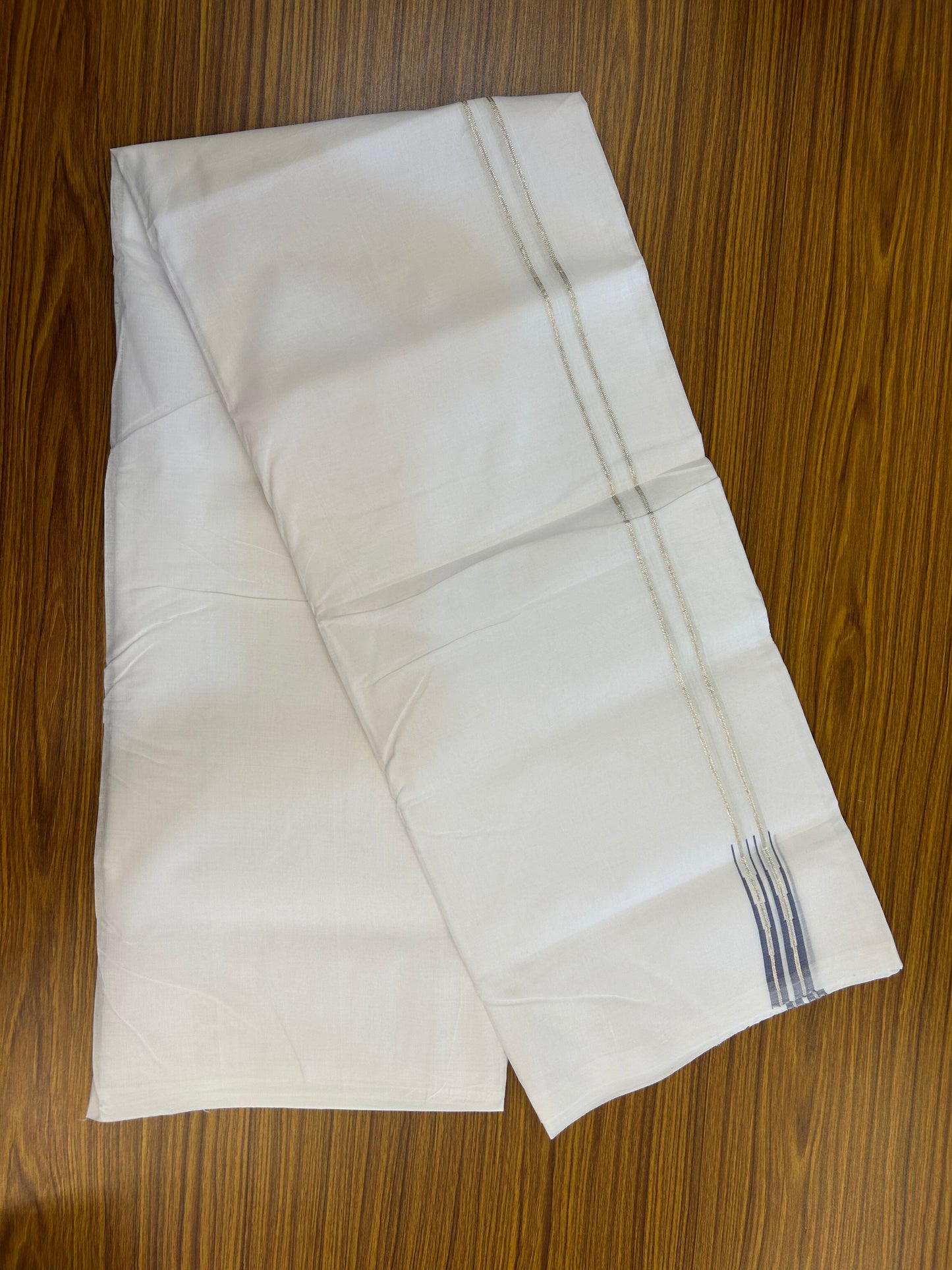 25% Disocunt!! KaithariKada Kerala Handloom Millpaav - 100% Pure Cotton -Pure White Double Mundu/Dhoti - 80x90 - 0.5 inch Puliyilakkara Silver Kasav & Blue Double Chutty Kara 4.00 m (8.5 muzham) - 14 KK5377 RAM
