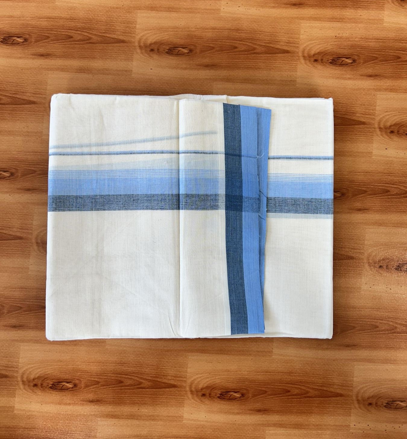 Double Off white - (Unbleached) - Mundu/Dhoti- 20% Discount! KaithariKada 100% Cotton - 100x80 - 1.75 inch Light Blue & Black Stripes Kara 4 mtr (8.5 muzham) - 27 KK5440 VIN