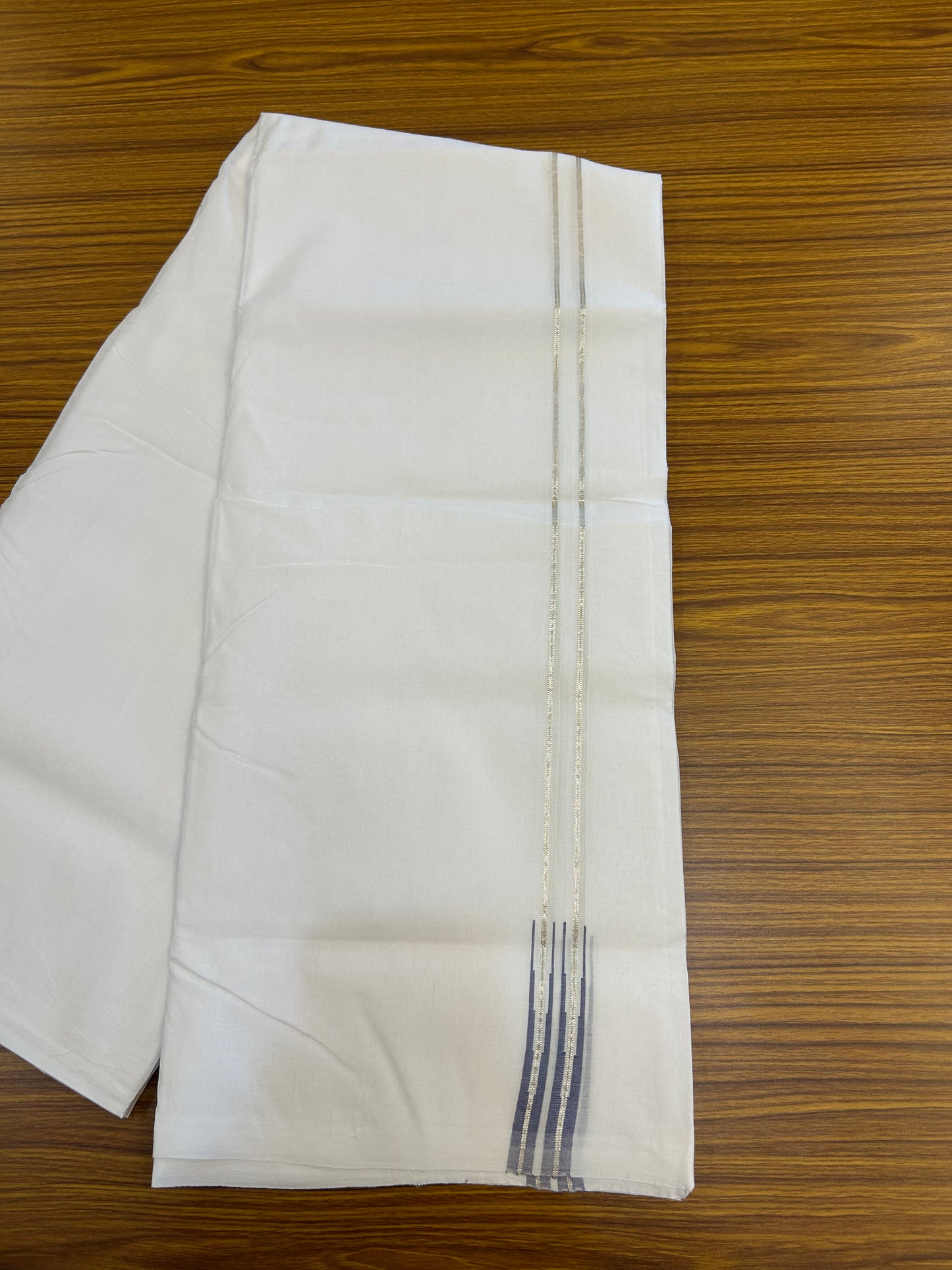 25% Disocunt!! KaithariKada Kerala Handloom Millpaav - 100% Pure Cotton -Pure White Double Mundu/Dhoti - 80x90 - 0.5 inch Puliyilakkara Silver Kasav & Blue Double Chutty Kara 4.00 m (8.5 muzham) - 14 KK5377 RAM