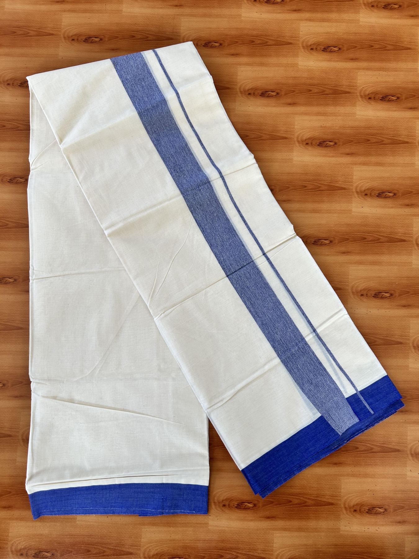 Double Off white - (Unbleached) - Mundu/Dhoti- 20% Discount! KaithariKada 100% Cotton - 100x80 - 1.75 inch Blue Shaded Kara 4 mtr (8.5 muzham) - 25 KK5440 VIN