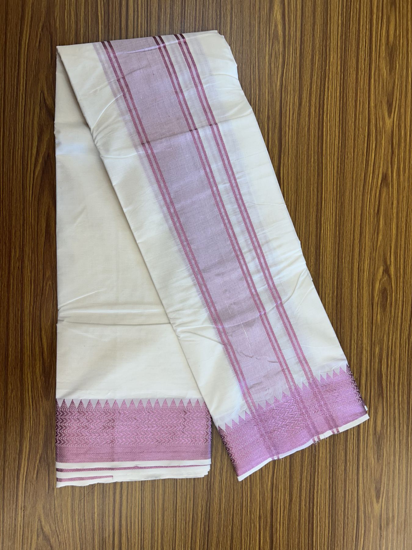 Panchakacham Dhoti - 20% Discount! Kaitharikada Balaramapuram Cotton Mix - Off White - (Unbleached) 80X90 thread - North Iindian - Attached Gamcha - 9x5 Dhoti - 3 inch Rose Pink kara - 12 KK8305 PMC