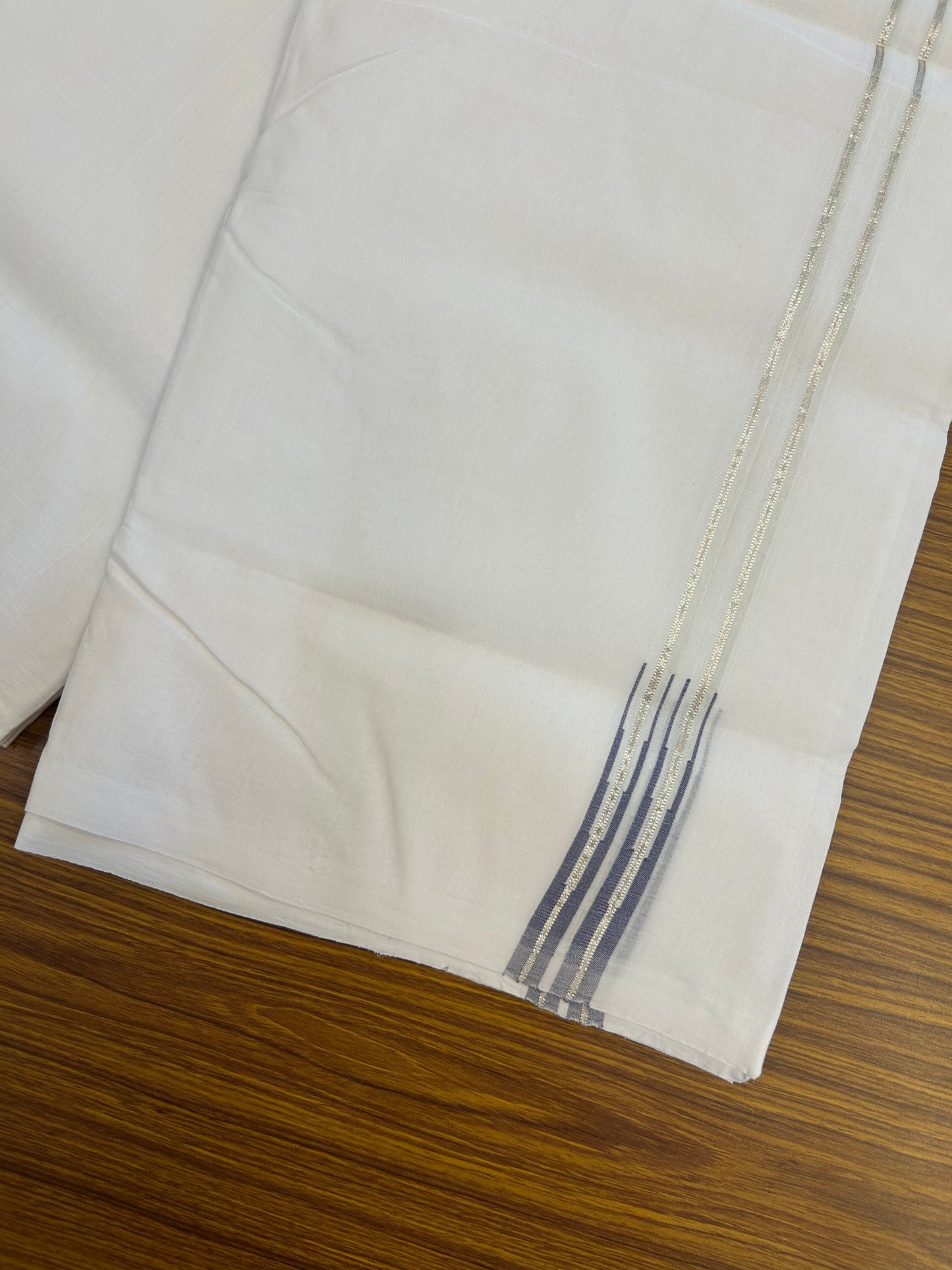 25% Disocunt!! KaithariKada Kerala Handloom Millpaav - 100% Pure Cotton -Pure White Double Mundu/Dhoti - 80x90 - 0.5 inch Puliyilakkara Silver Kasav & Blue Double Chutty Kara 4.00 m (8.5 muzham) - 14 KK5377 RAM