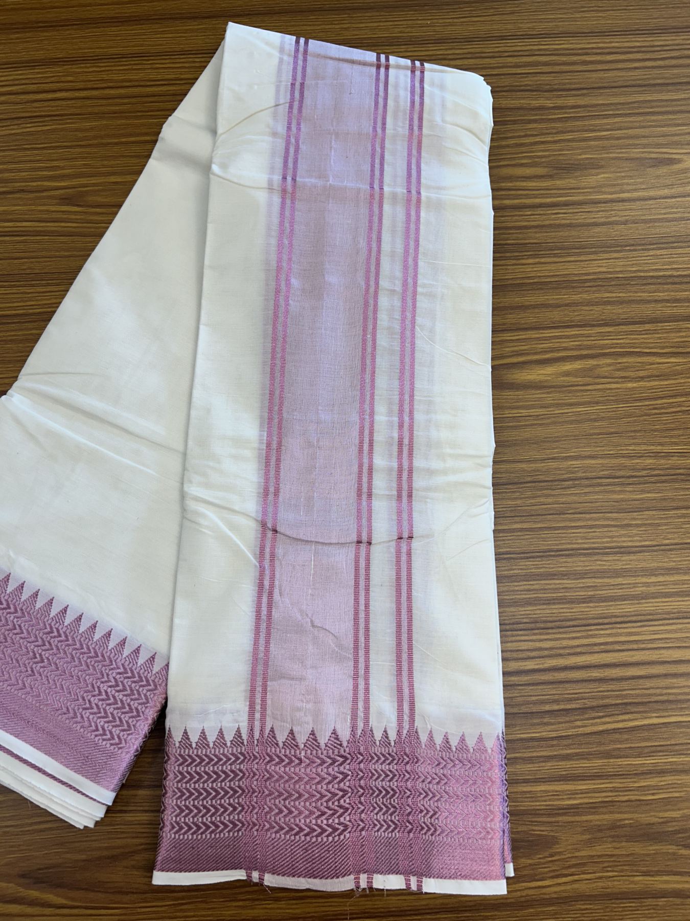 Panchakacham Dhoti - 20% Discount! Kaitharikada Balaramapuram Cotton Mix - Off White - (Unbleached) 80X90 thread - North Iindian - Attached Gamcha - 9x5 Dhoti - 3 inch Rose Pink kara - 12 KK8305 PMC