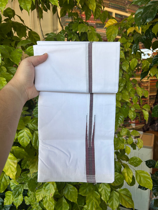 25% Disocunt!! KaithariKada Kerala Handloom Millpaav - 100% Pure Cotton -Pure White Double Mundu/Dhoti - 80x90 - 1 inch Puliyilakkara Black & Light Maroon Stripes Chutty Kara 3.60 m (7.6 muzham) - 10 KK5377 RAM