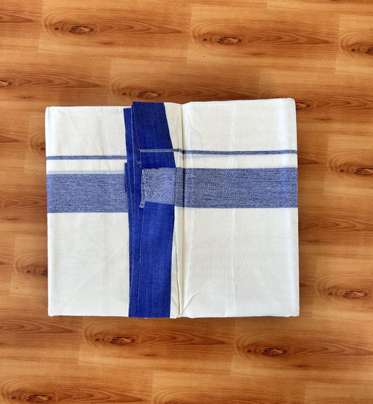 Double Off white - (Unbleached) - Mundu/Dhoti- 20% Discount! KaithariKada 100% Cotton - 100x80 - 1.75 inch Blue Shaded Kara 4 mtr (8.5 muzham) - 25 KK5440 VIN