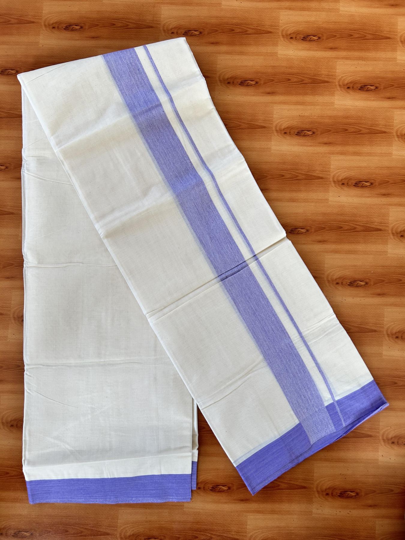 Double Off white - (Unbleached) - Mundu/Dhoti- 20% Discount! KaithariKada 100% Cotton - 100x80 - 1.75 inch Lavender Shaded Kara 4 mtr (8.5 muzham) - 24 KK5440 VIN