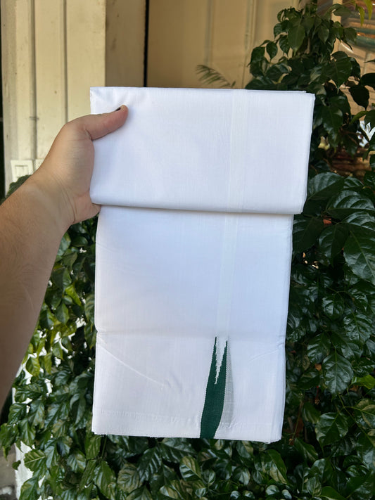 25% Disocunt!! KaithariKada Kerala Handloom Millpaav - 100% Pure Cotton -Pure White Double Mundu/Dhoti - 80x90 - 0.5 inch Puliyilakkara Dark Green Chutty Kara 3.60 m (7.6 muzham) - 11 KK5377 RAM