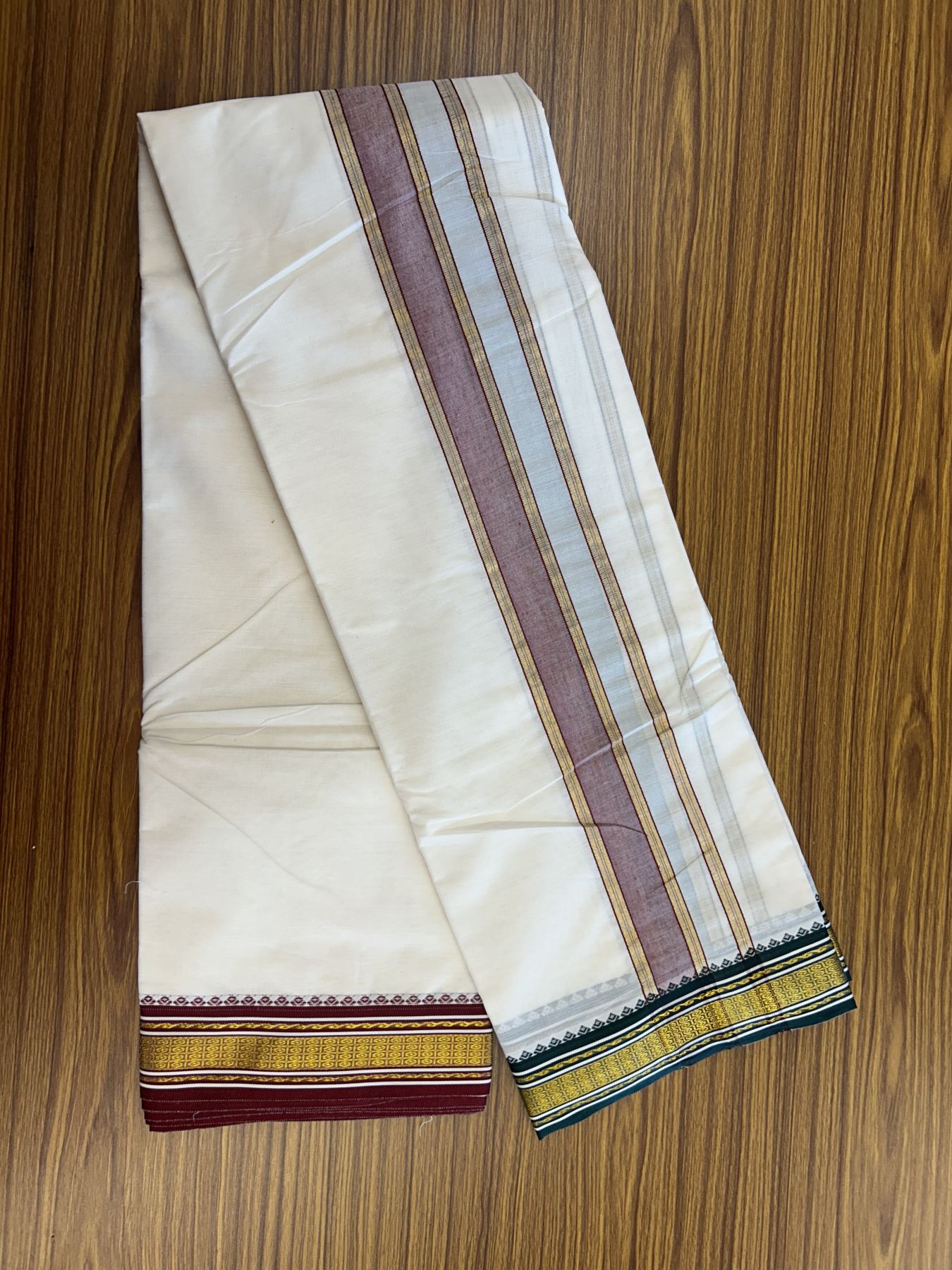 Panchakacham Dhoti - 20% Discount! Kaitharikada Balaramapuram Cotton Mix - Off White - (Unbleached) 80X90 thread - North Iindian - Attached Gamcha - 9x5 Dhoti - 1.5 inch Gold Kasav Maroon & Green kara - 16 KK8305 PMC