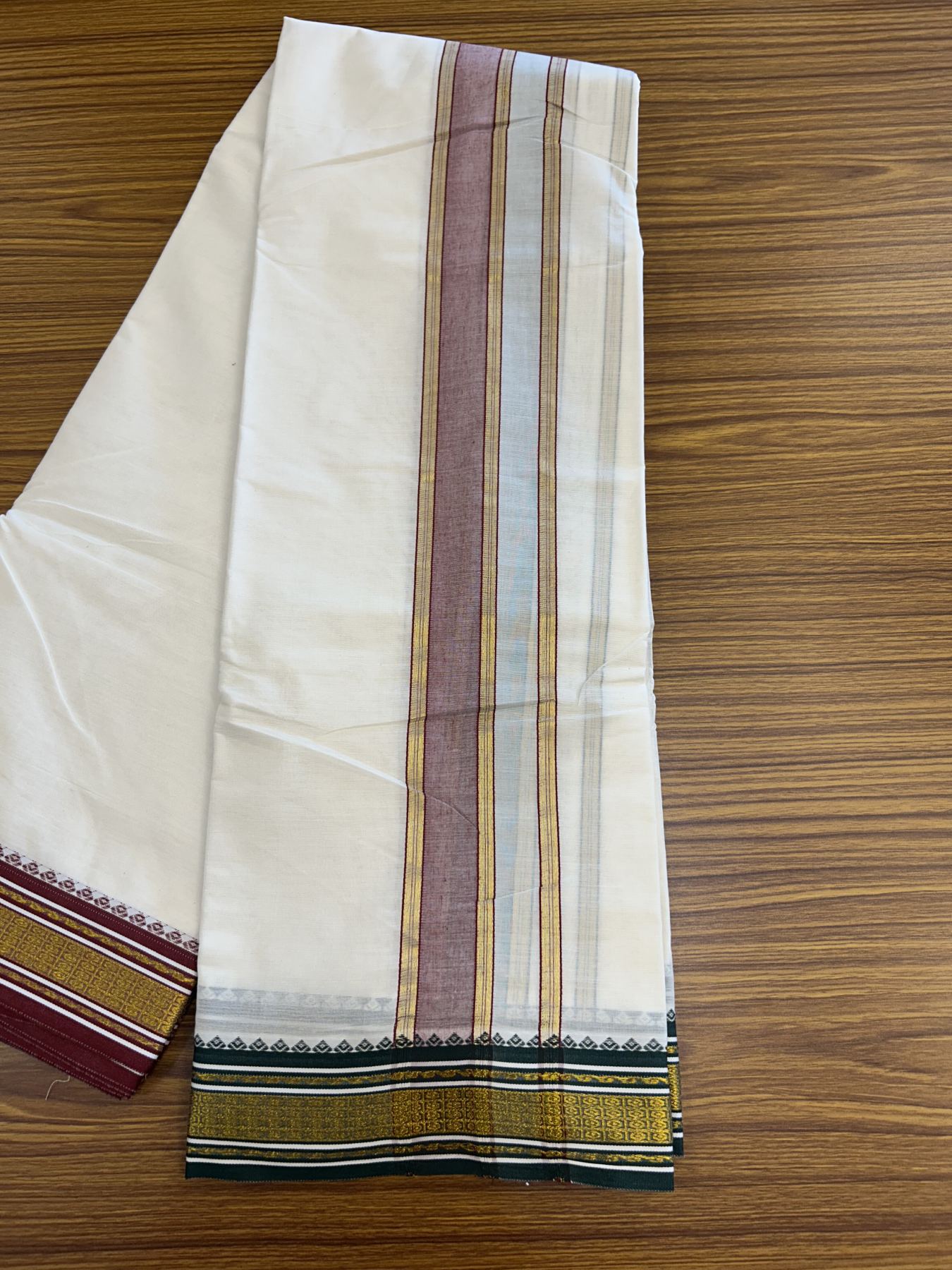 Panchakacham Dhoti - 20% Discount! Kaitharikada Balaramapuram Cotton Mix - Off White - (Unbleached) 80X90 thread - North Iindian - Attached Gamcha - 9x5 Dhoti - 1.5 inch Gold Kasav Maroon & Green kara - 16 KK8305 PMC
