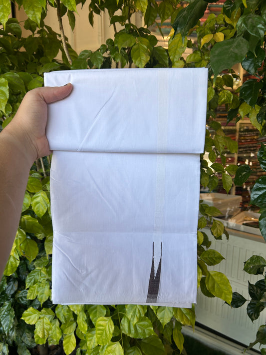 25% Disocunt!! KaithariKada Kerala Handloom Millpaav - 100% Pure Cotton -Pure White Double Mundu/Dhoti - 80x90 - 0.5 inch Puliyilakkara Coffee Brown Chutty Kara 3.80 m (8 muzham) - 12 KK5377 RAM