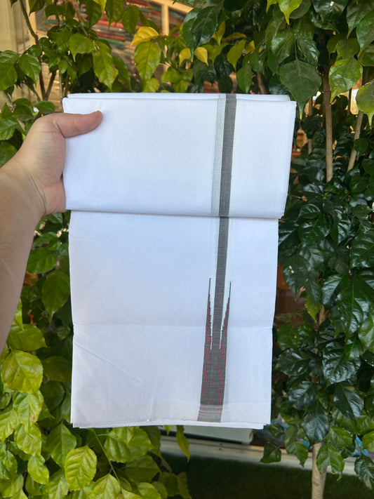 25% Disocunt!! KaithariKada Kerala Handloom Millpaav - 100% Pure Cotton -Pure White Double Mundu/Dhoti - 80x90 - 1 inch Puliyilakkara Dark Green & Maroon Stripes Chutty Kara 3.80 m (8 muzham) - 9 KK5377 RAM