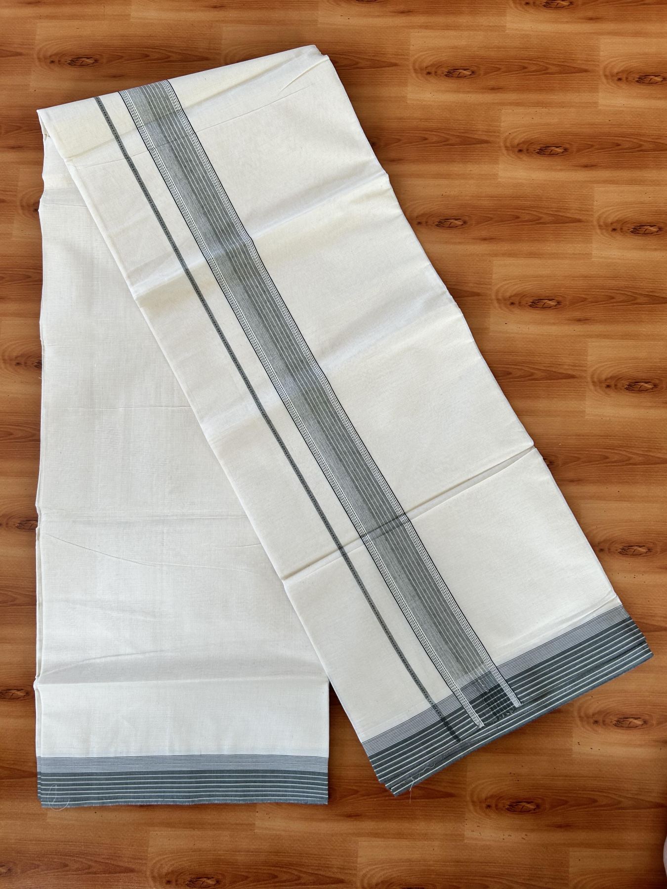Double Off white - (Unbleached) - Mundu/Dhoti- 20% Discount! KaithariKada 100% Cotton - 100x80 - 1.75 inch Sage Green Shaded Stripes Kara 4 mtr (8.5 muzham) - 22 KK5440 VIN