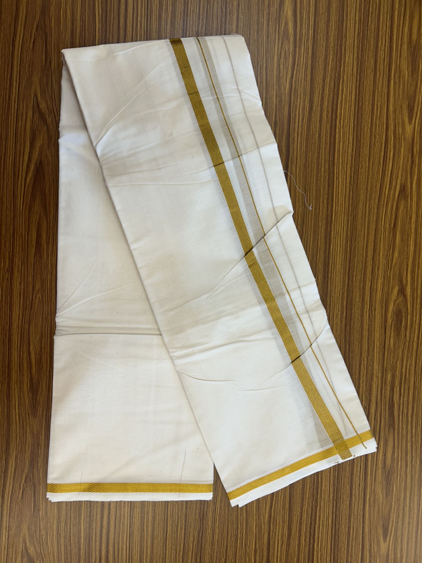 Panchakacham Dhoti - 20% Discount! Kaitharikada Balaramapuram Cotton Mix Off White - (Unbleached) 80X90 thread - North Iindian- Attached Gamcha - 9X5 Dhoti - 0.75 inch Gold Kasav kara - 18 KK8305 PMC