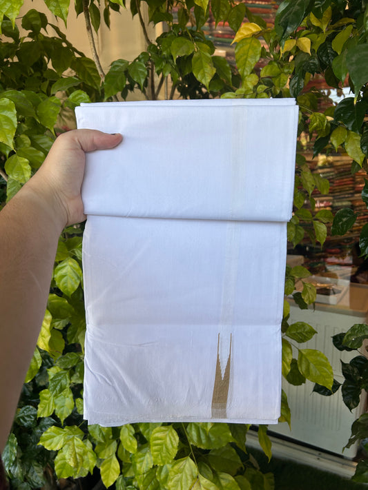 25% Disocunt!! KaithariKada Kerala Handloom Millpaav - 100% Pure Cotton -Pure White Double Mundu/Dhoti - 80x90 - 0.5 inch Puliyilakkara Sand Brown Chutty Kara 3.80 m (8 muzham) - 13 KK5377 RAM