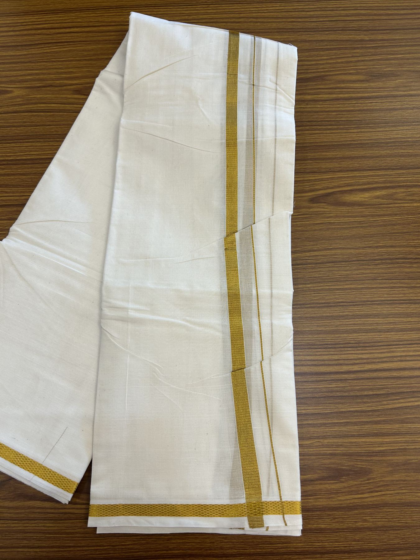 Panchakacham Dhoti - 20% Discount! Kaitharikada Balaramapuram Cotton Mix Off White - (Unbleached) 80X90 thread - North Iindian- Attached Gamcha - 9X5 Dhoti - 0.75 inch Gold Kasav kara - 18 KK8305 PMC