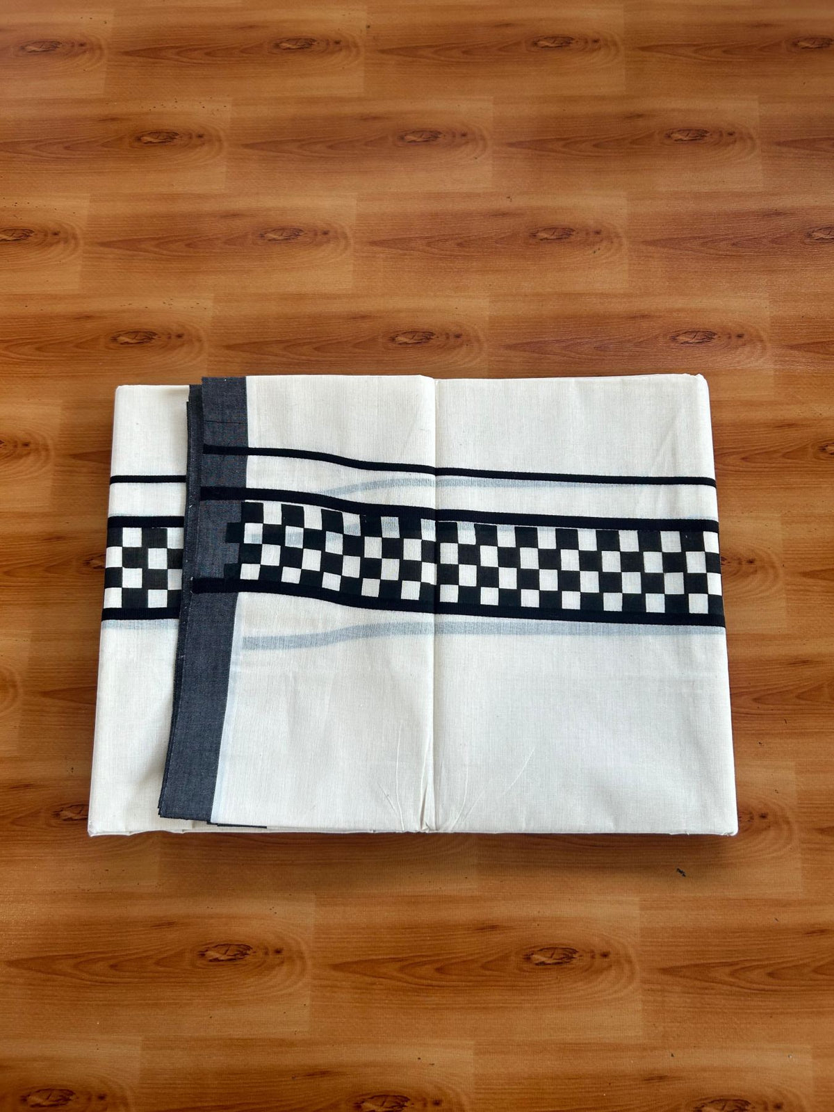 Double Off White (Unbleached) Mundu/Dhoti - 20% Discount! KaithariKada Pulimood 100% Cotton 80x72 - 2.5 inch Black Check Printed Designer Kara - 4 mtr (8.5 muzham) - 29  KK5553 STH