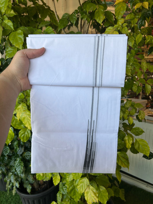 25% Disocunt!! KaithariKada Kerala Handloom Millpaav - 100% Pure Cotton -Pure White Double Mundu/Dhoti - 80x90 - 0.5 inch Puliyilakkara Black Stripes Double Chutty Kara 3.80 m (8 muzham) - 8 KK5377 RAM