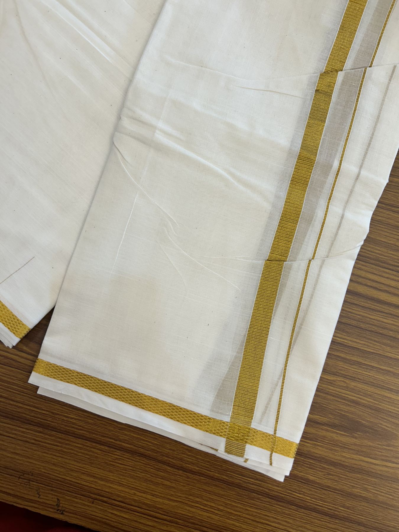 Panchakacham Dhoti - 20% Discount! Kaitharikada Balaramapuram Cotton Mix Off White - (Unbleached) 80X90 thread - North Iindian- Attached Gamcha - 9X5 Dhoti - 0.75 inch Gold Kasav kara - 18 KK8305 PMC
